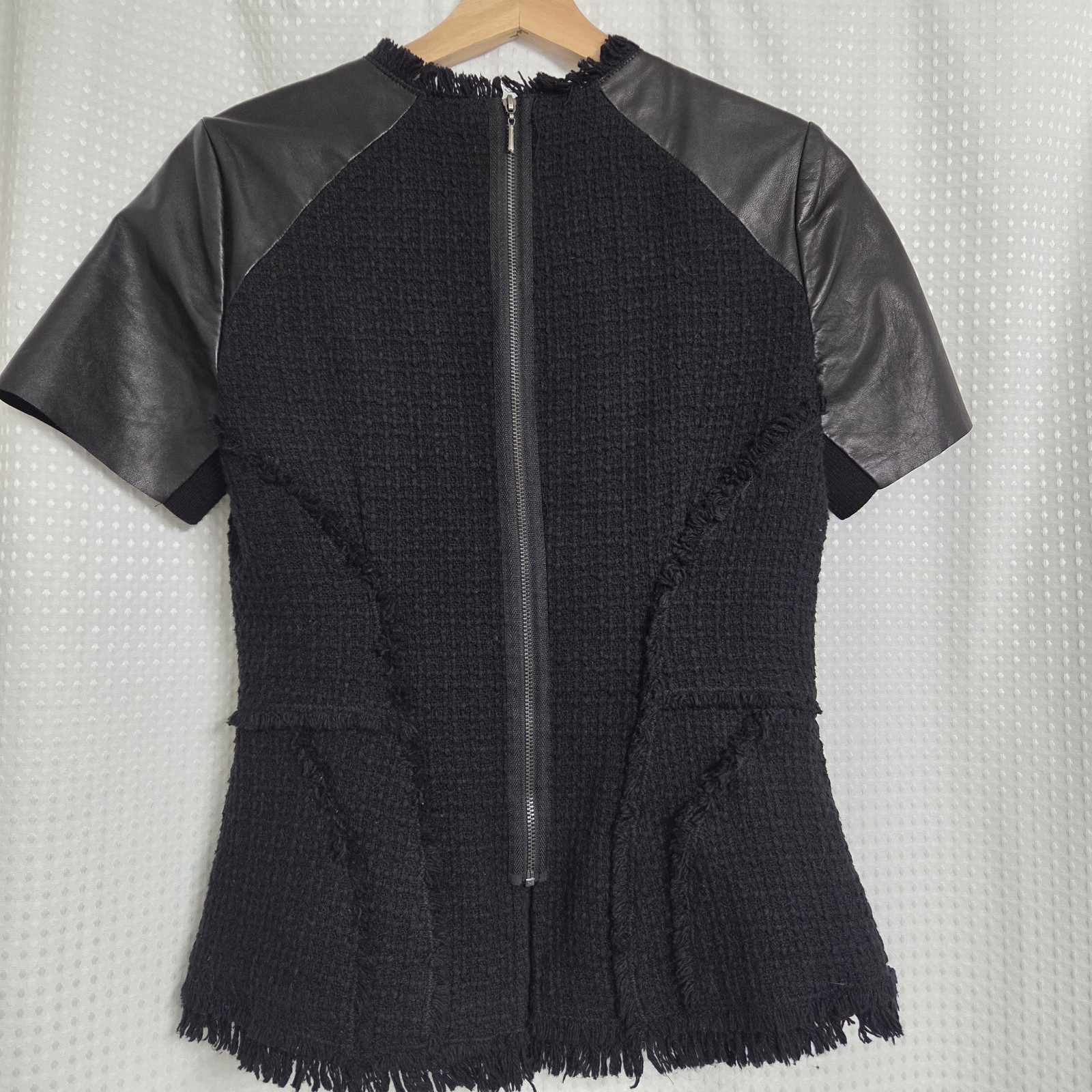 Rebecca Taylor Lambskin Leather Tweed Top Size 6 Black Old Money Designer