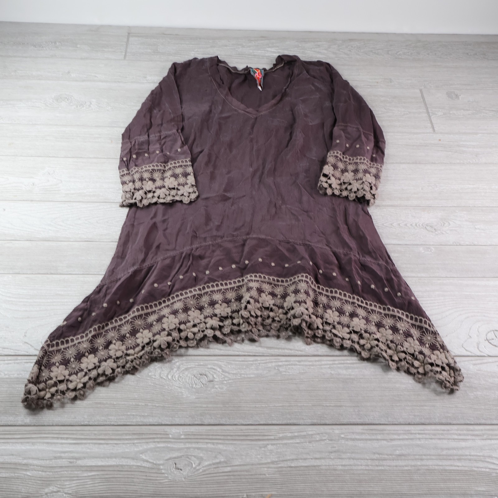 Johnny Was Plum Silk Tunic Dress Crochet Lace Trim Embroidered Boho Size XS
