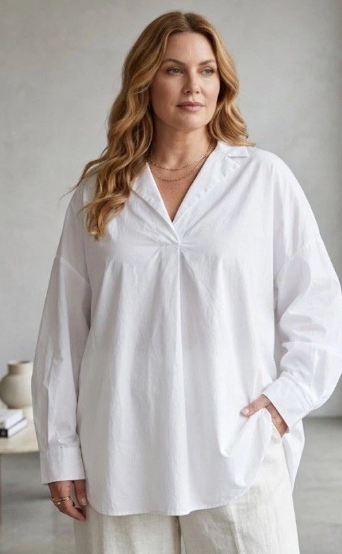 MARINA RINALDI SPORT WHITE POPOVER COTTON BLOUSE TUNIC US-20 NWT