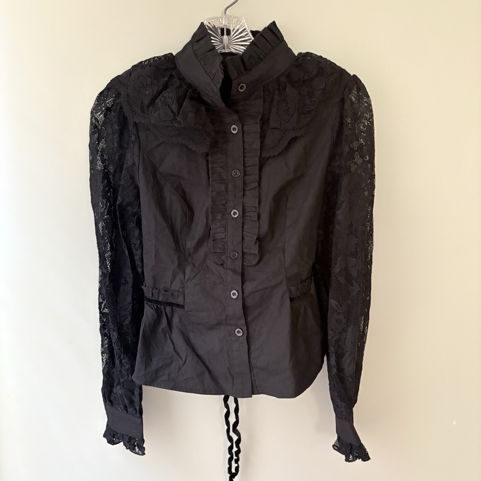 Romwe Victorian Lace Ruffle Blouse Black Sheer Prairie Gothic Top Small