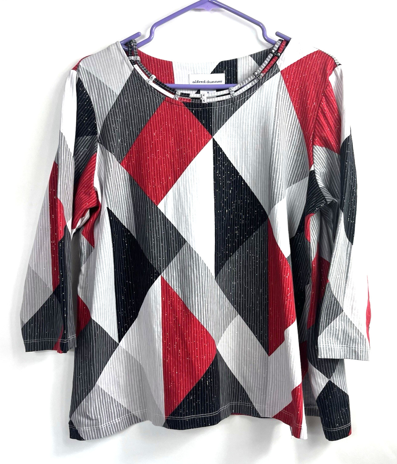 Women’s Alfred Dunner Round Neck Red Black White Gray Beaded 3/4 Casual Sleeve M