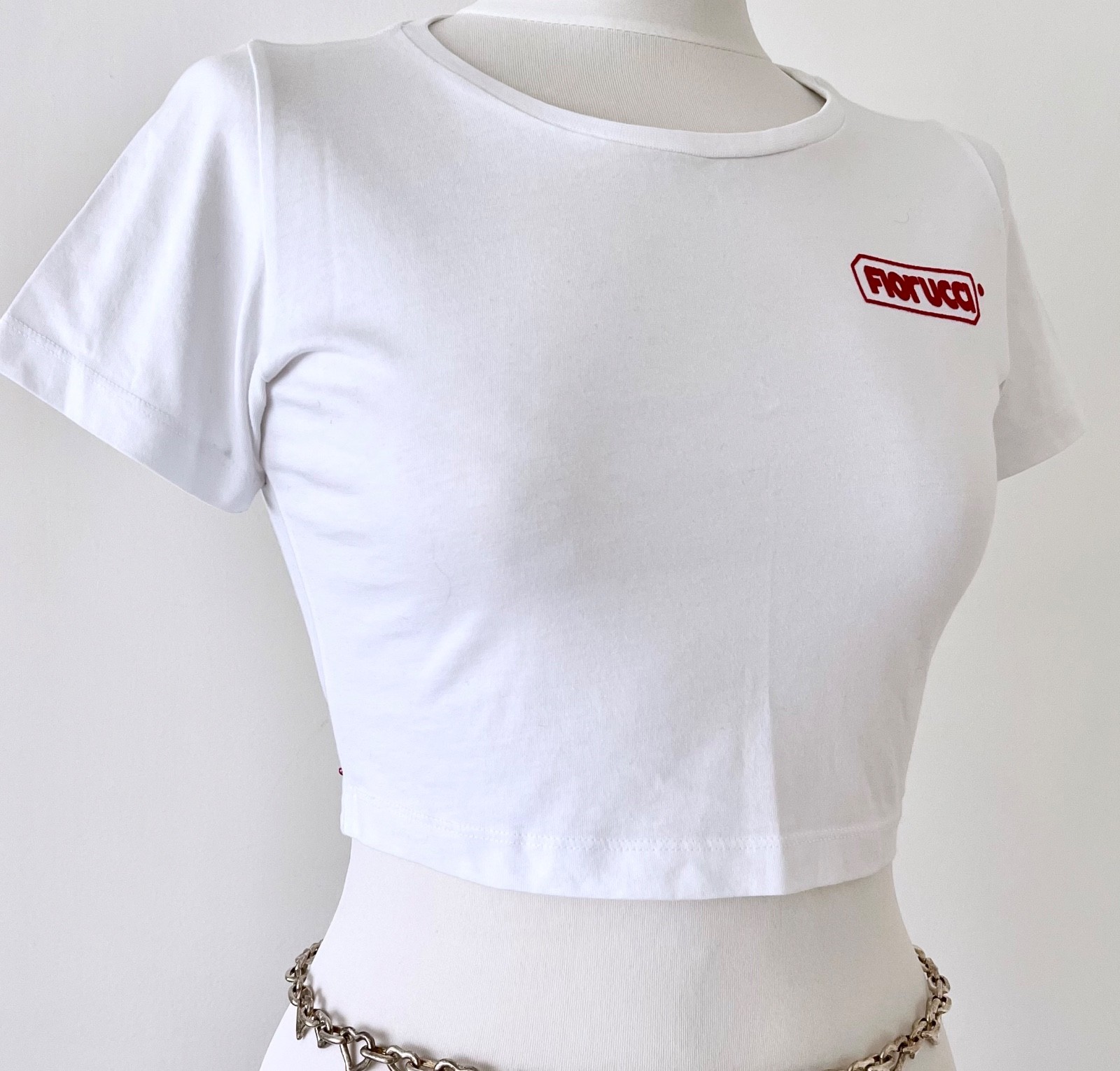 Fiorucci Size L Cropped White Short Sleeve Baby Tee T-Shirt Italian Designer