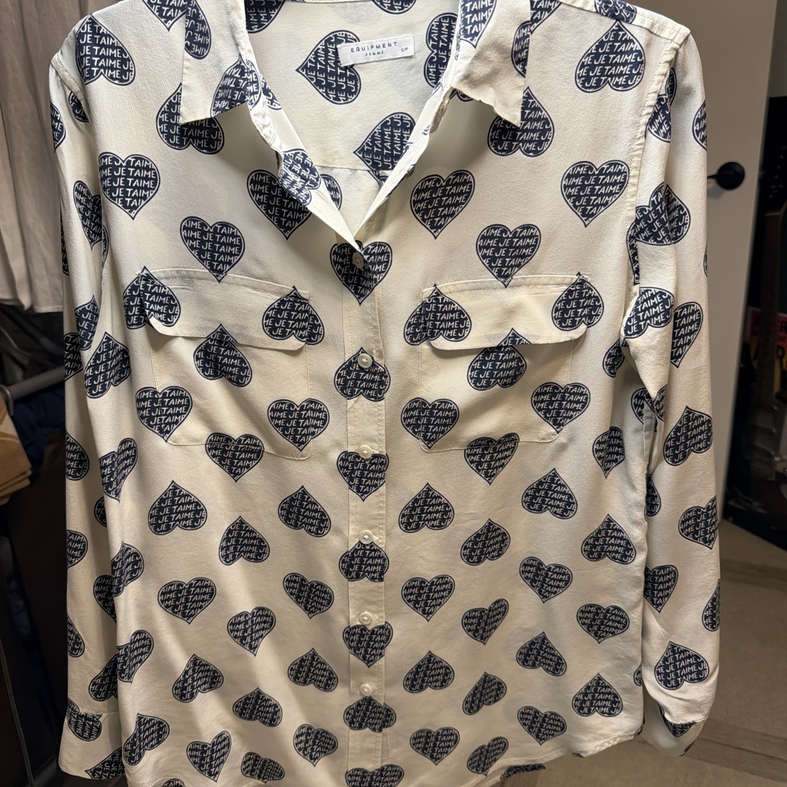 Equipment Femme Silk Heart Print Button Down Blouse SP Oversized Pockets
