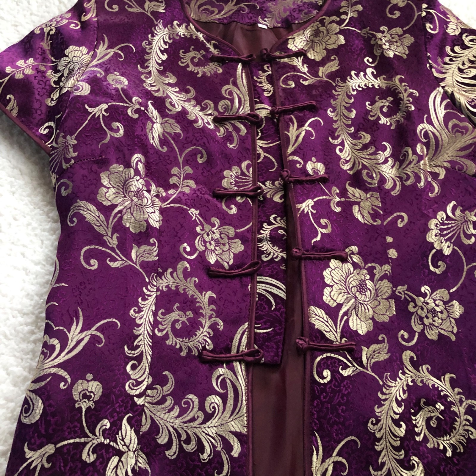 Asian Style Womens S Top Purple Paisley Floral Lined Silky Satiny Thin Shoulder