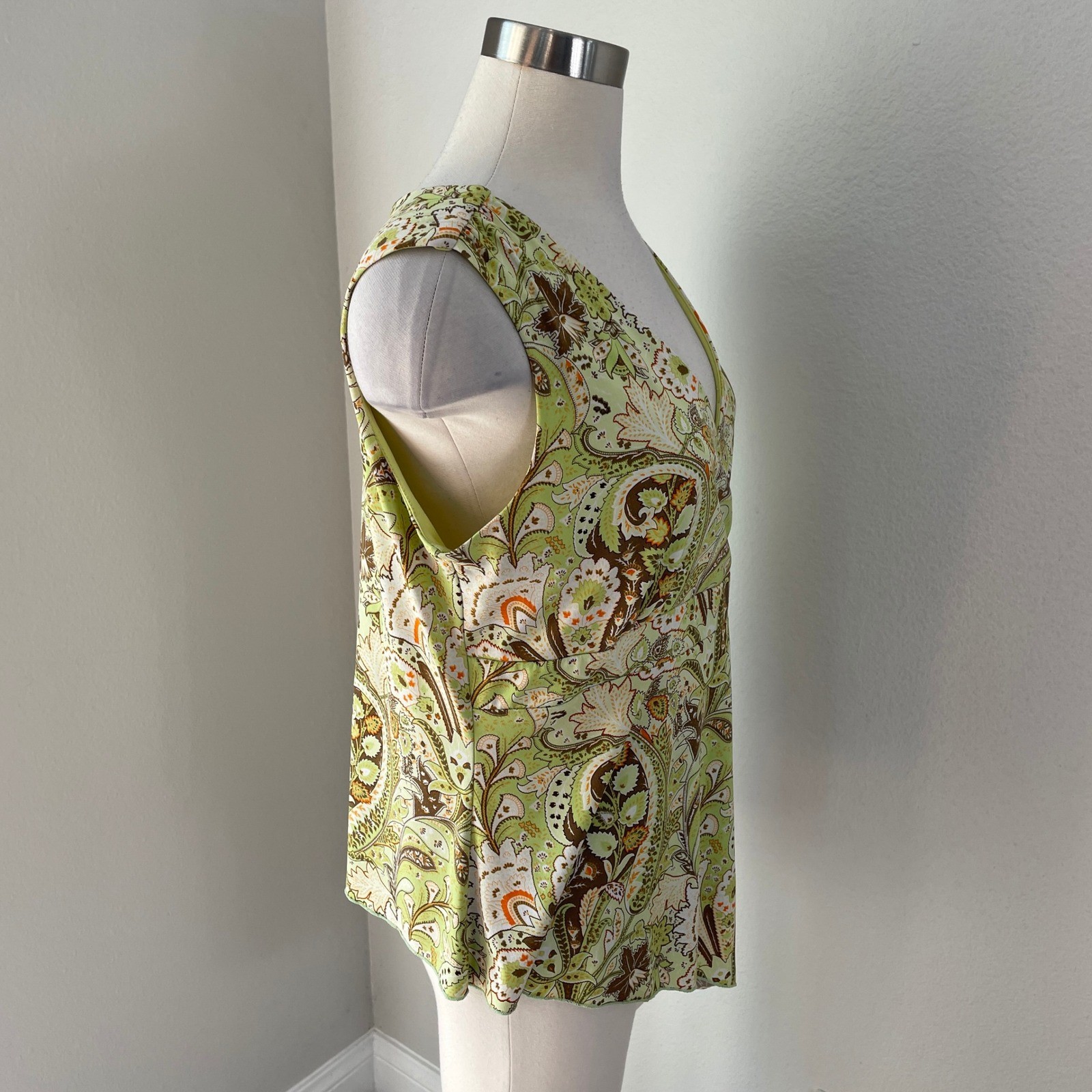 Vintage Y2K J.T.B. Womens Large Lime Green Paisley Floral V Neck Blouse Top USA