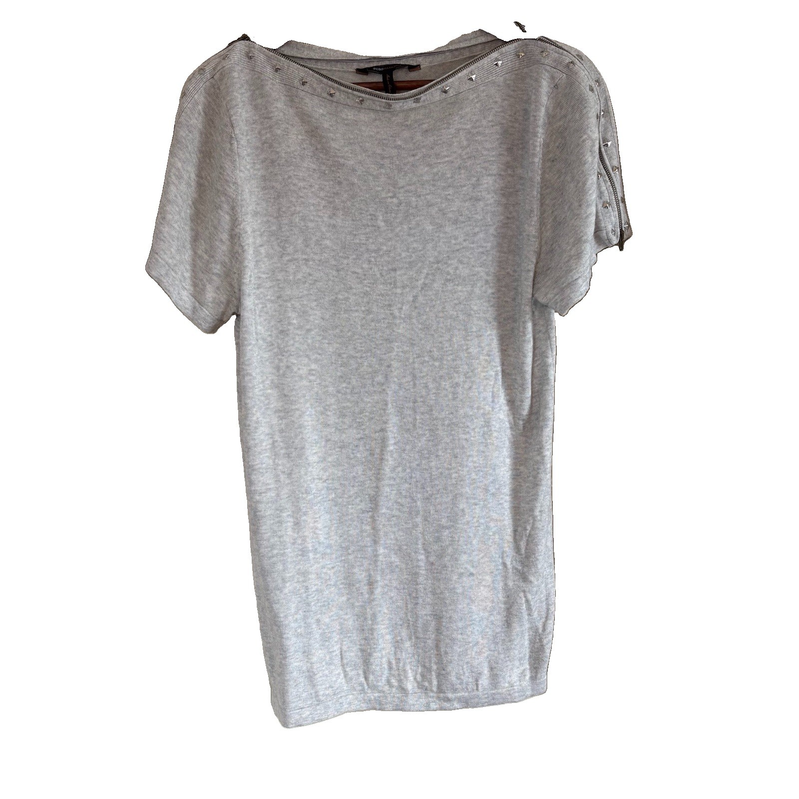 BCBGMAXAZRIA Studded Zipper Boat Neck Short Sleeve Knit Top Gray Women’s Medium