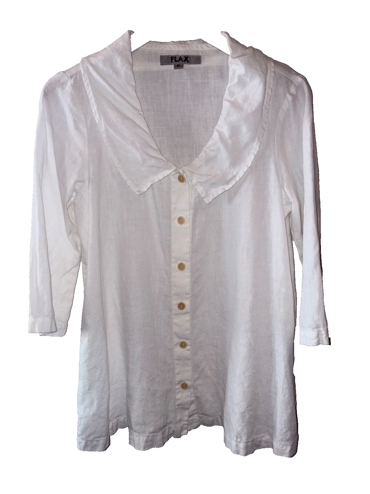 Flax Petite White Linen Button Up V Neck Lagenlook Boho Hippie Coastal Shirt