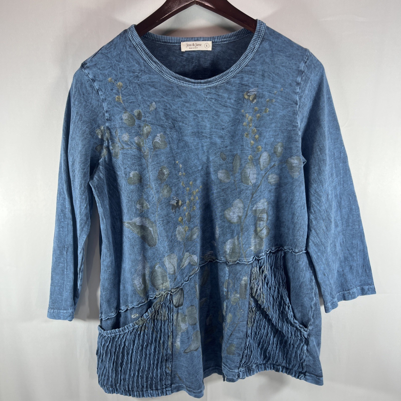 Jess & Jane Blouse Large Blue Mineral Wash Floral Asymmetric Pleated Art to Wear