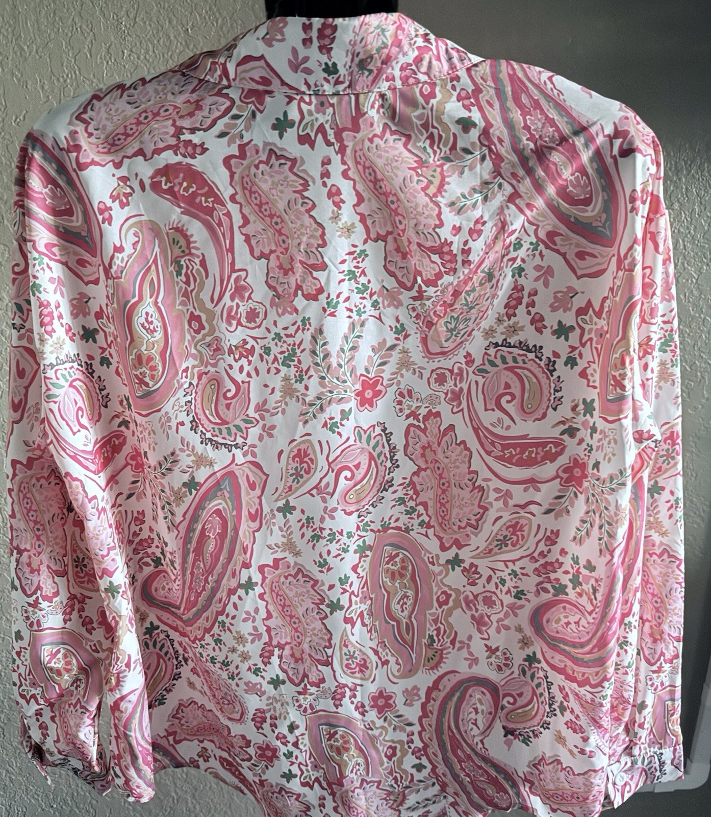 Women’s Pink White Green Paisley Collared Long Sleeve Button-Up Blouse L