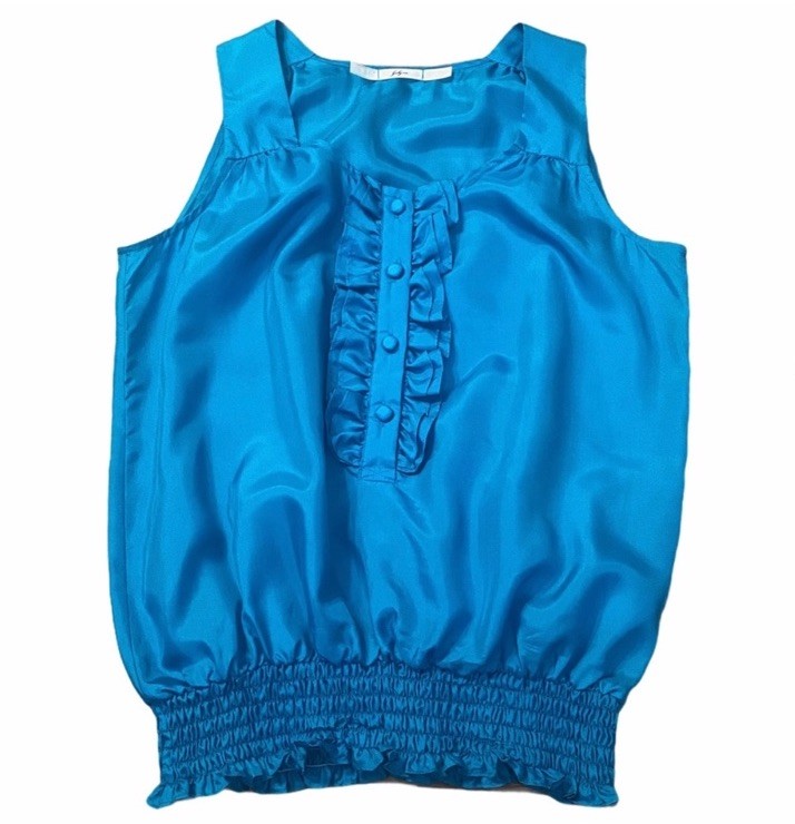 Gibson 100% Silk Sleeveless Blouse in Bright Blue with Ruffle Front , Medium
