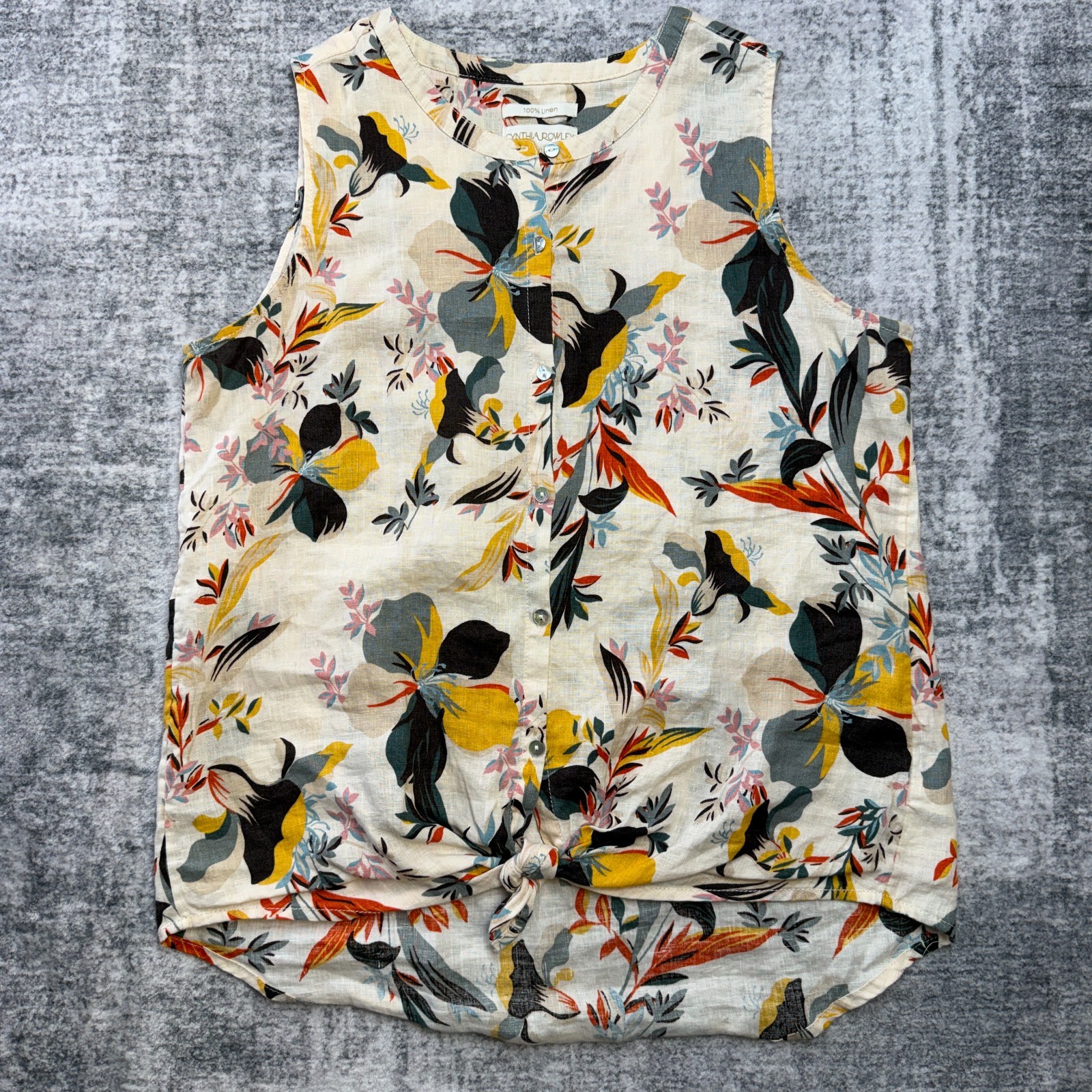 Womens Linen Top Medium Beige Floral Sleeveless Resort Beach Tropical Tied Hem