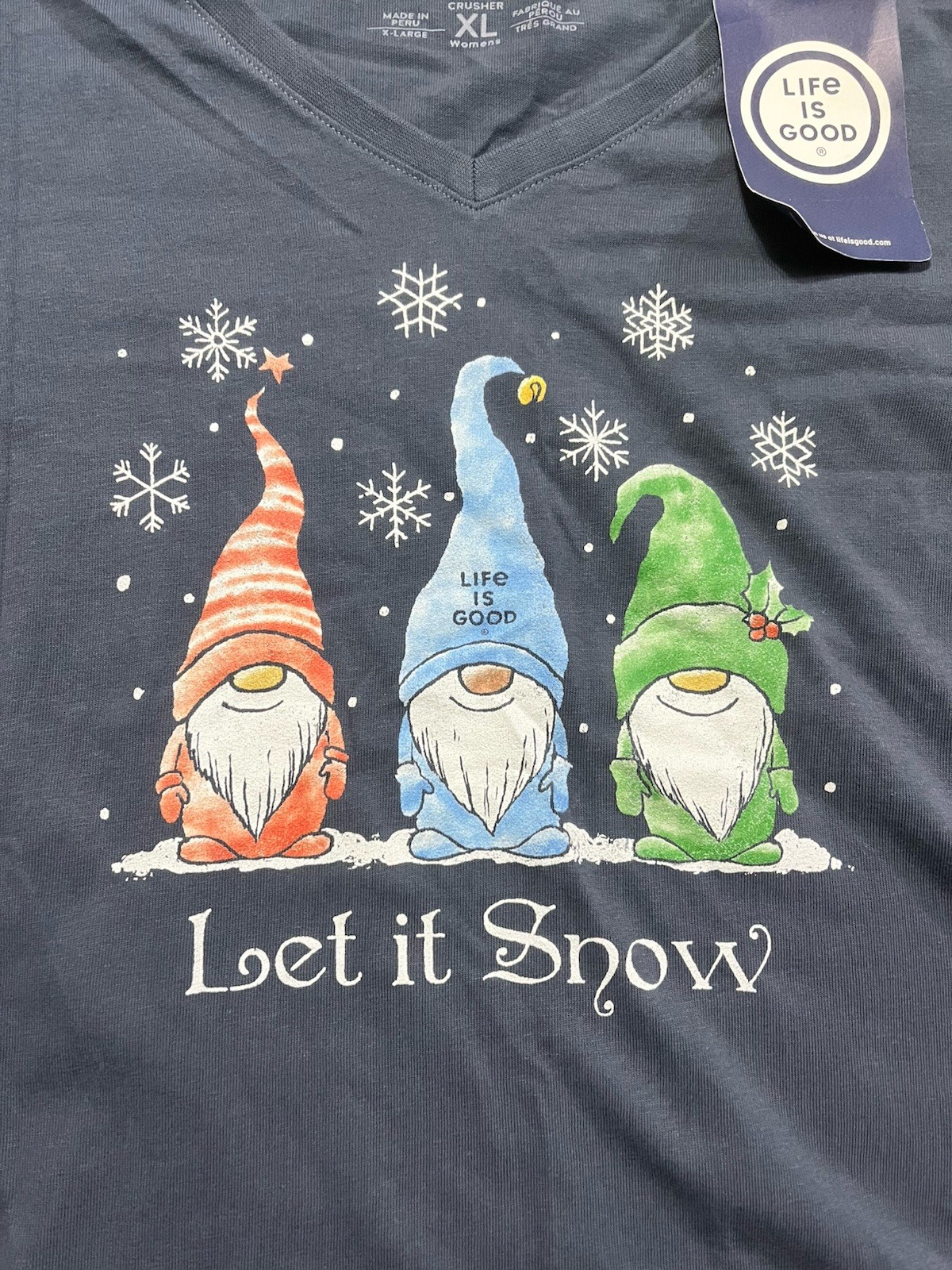 Life Is Good Womens Crusher T-Shirt Top Size X-Large Blue Christmas Gnomes