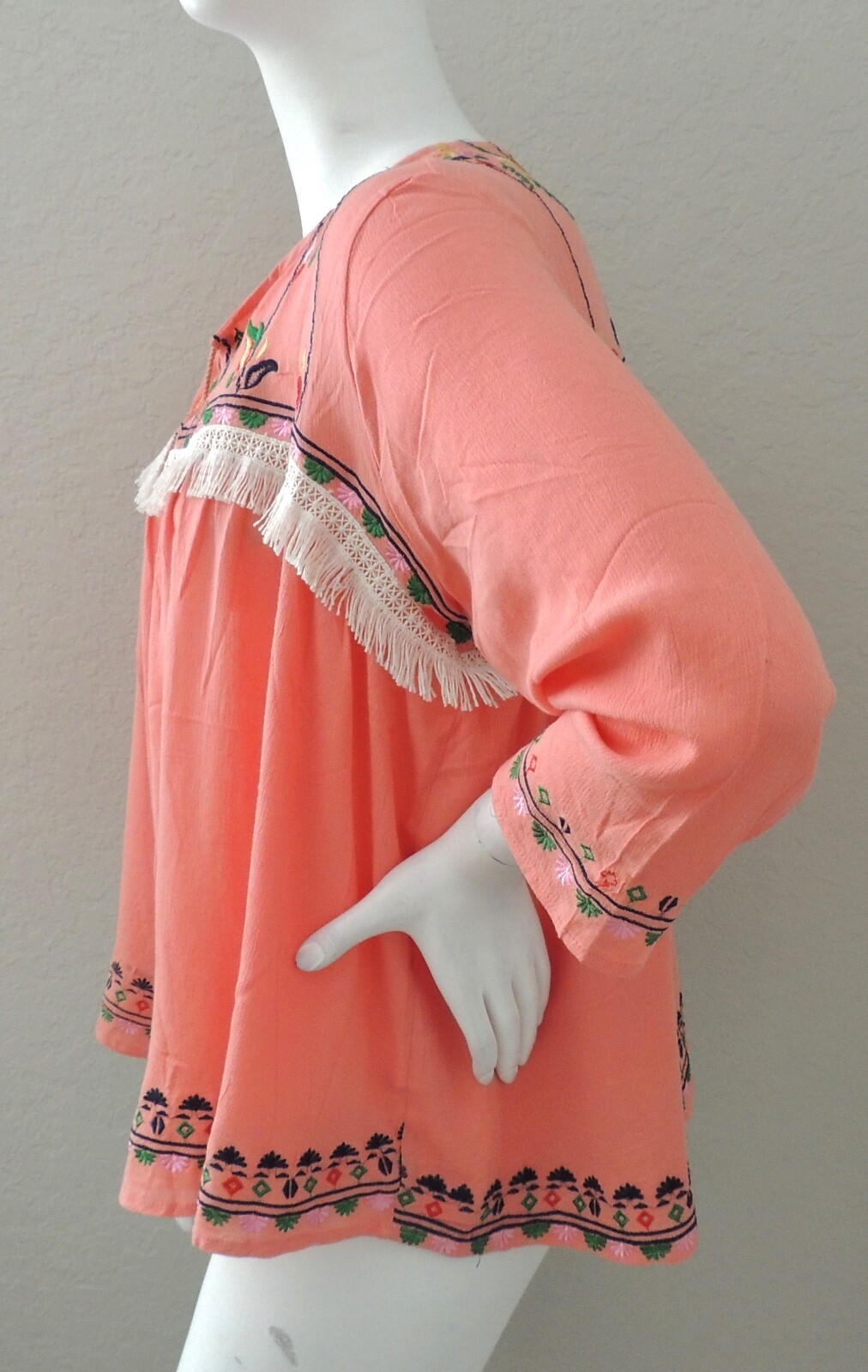 Velzera Embroidered Floral & Fringe Tie Front Open Jacket Coral Plus 1XL 2XL 3XL
