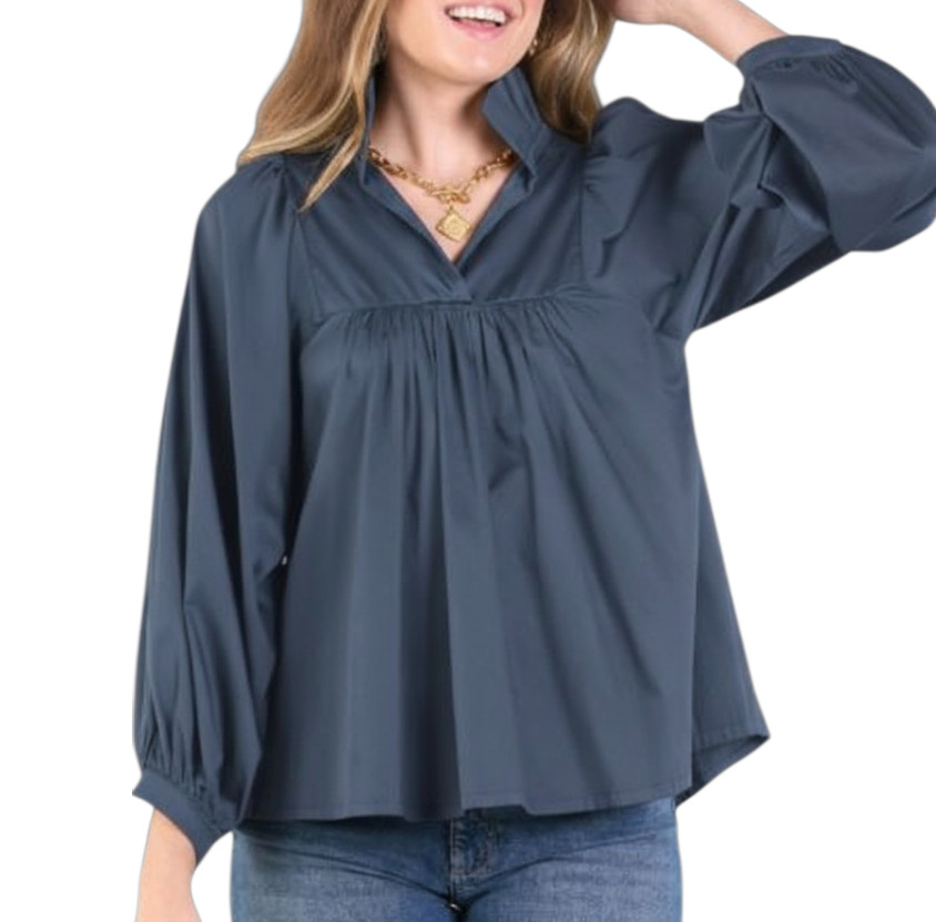 NWT Emily McCarthy VINTAGE INDIGO BLUE Stella Top Poplin RUFFLE STAND Collar XS
