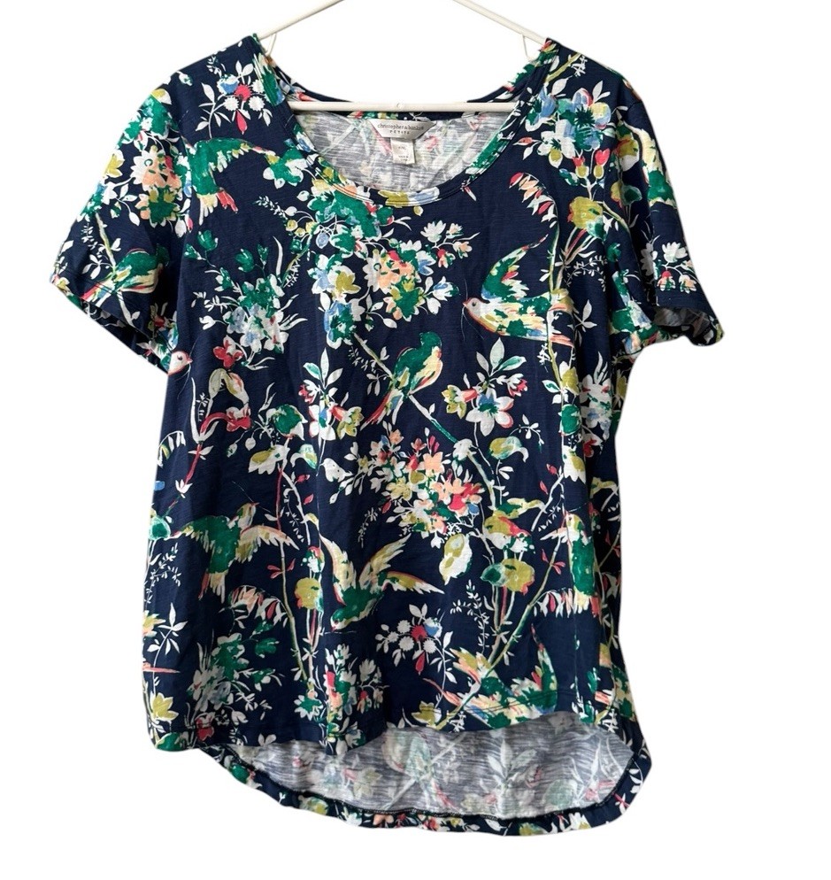 Christopher & Banks Women Size Petite P/XL Cotton Short Sleeve Shirt Birds
