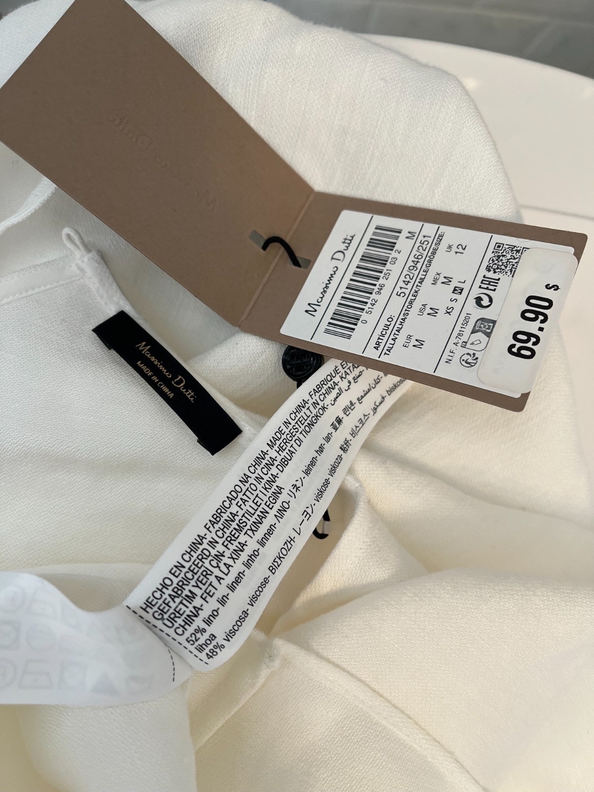 NWT MASSIMO DUTTI White Sleeveless Linen Blend Assymetric Key Hole Tank Top sz.M