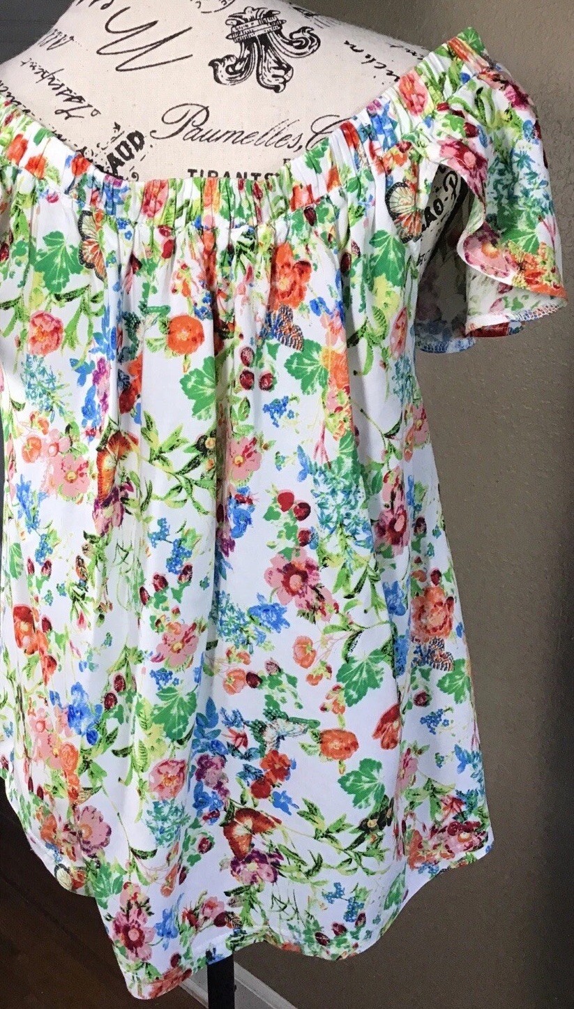 Hippie Laundry Womens M Gathered Elastic Neckline Blouse Flower Top BOHO 2-8