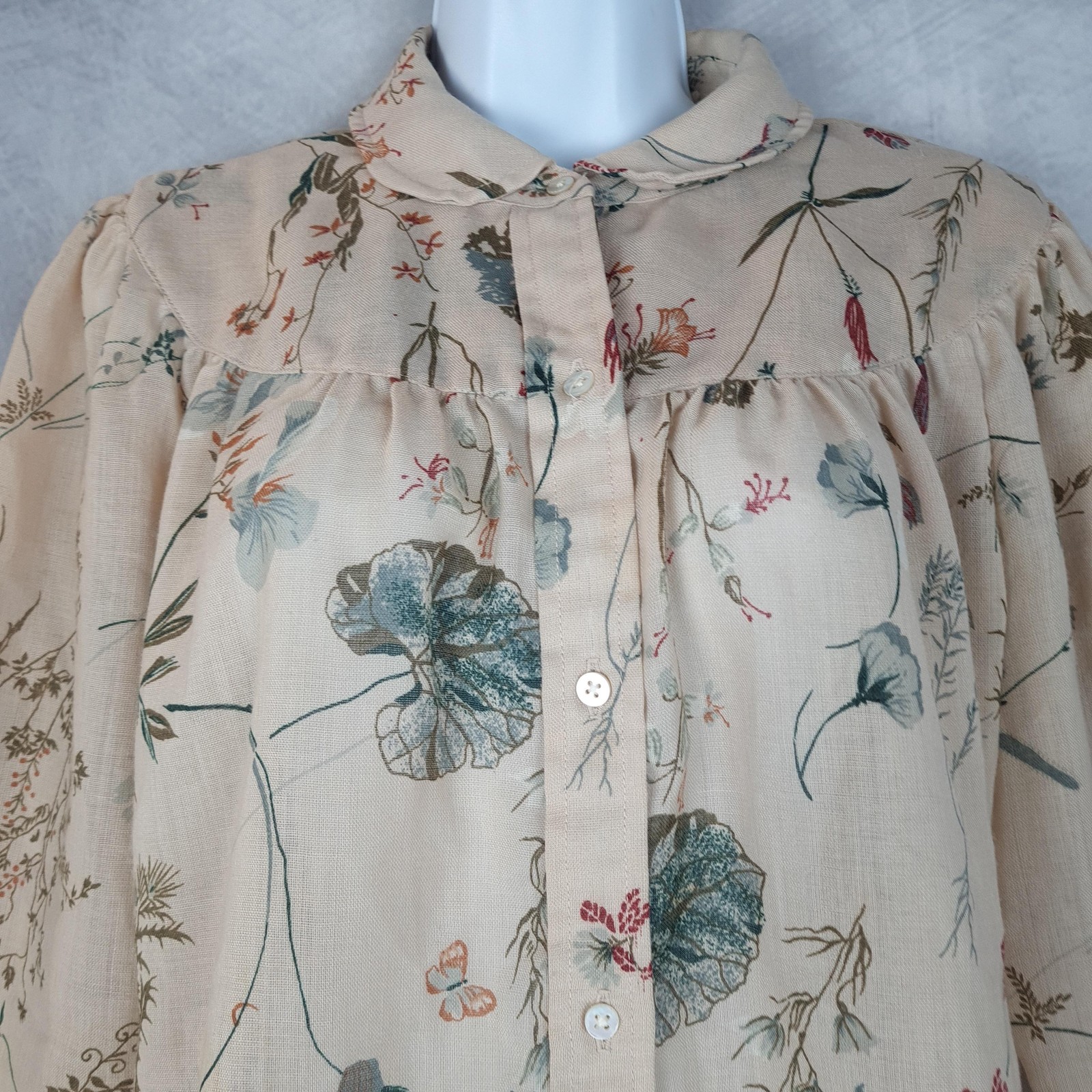 Vintage Evan Picone Blouse Womens Large Beige Floral Puff Sleeve Sheer Cottage