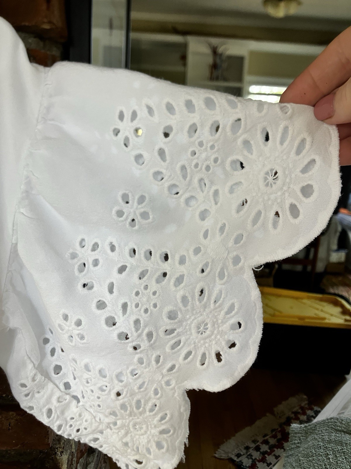 Style Envy White Boho Eyelet Scalloped Sleeve Blouse Rayon Crop Top