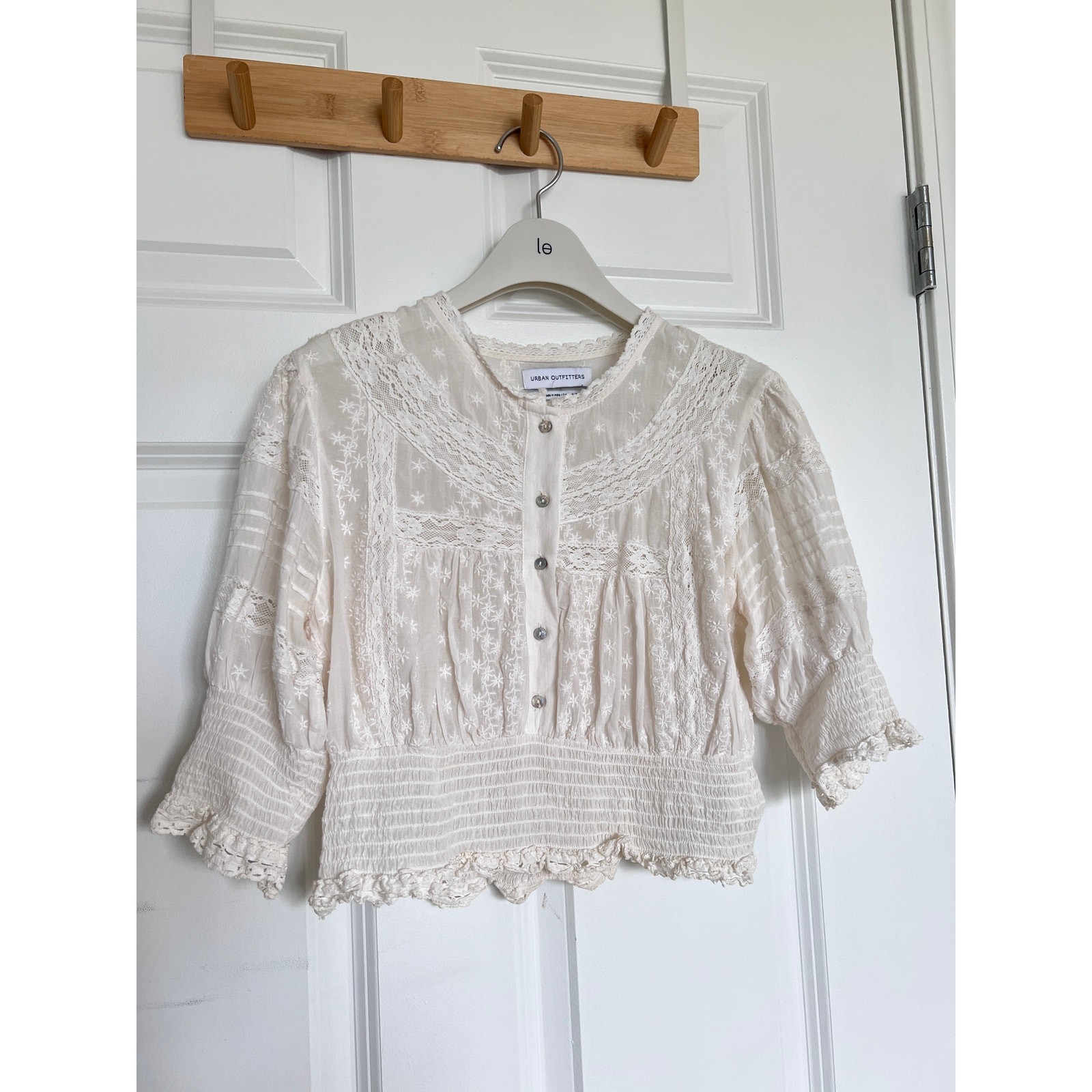 Urban Outfitters Ivory Doen Embroidered Lace Smock Crop Top