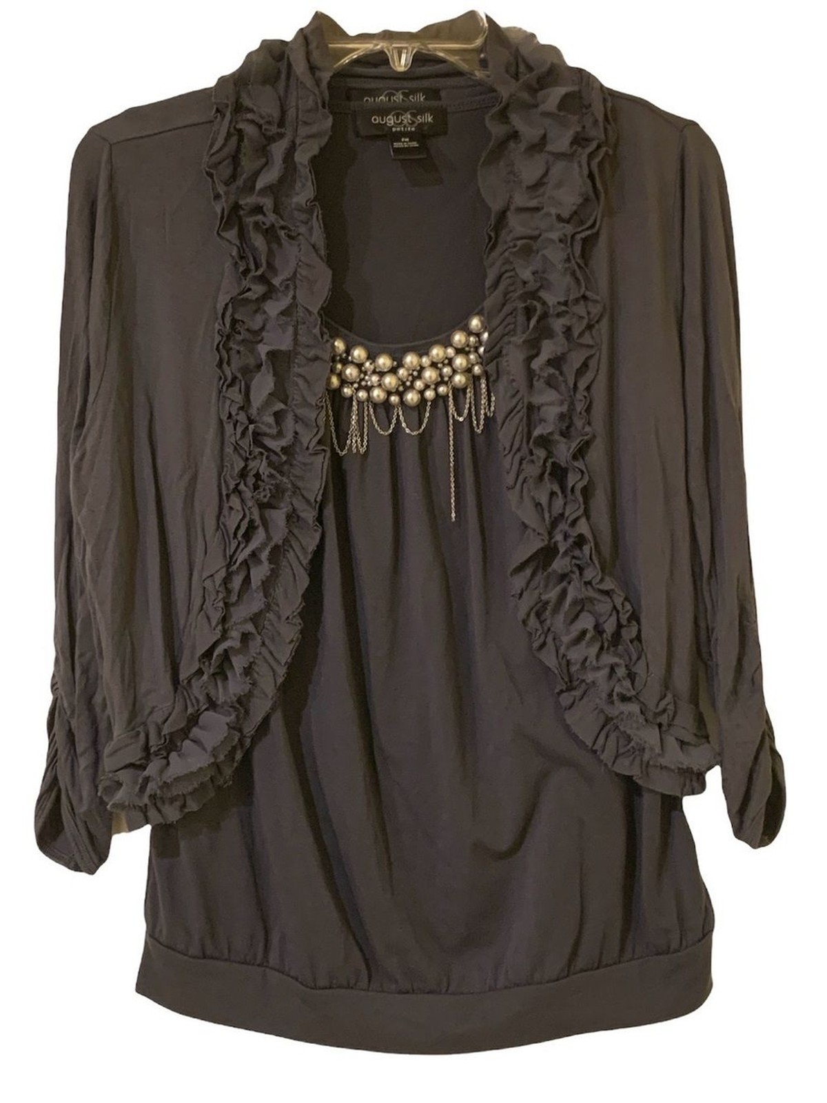 August Silk Grey Chic Set Tank and 3/4 Cardigan Petite Medium Pearl Neckline!