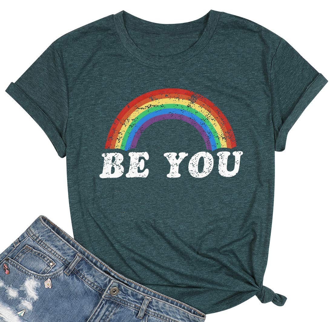 Be You Gay Pride T Shirt Rainbow T for Women Casual Short Sleeve Tops(GREEN,S)