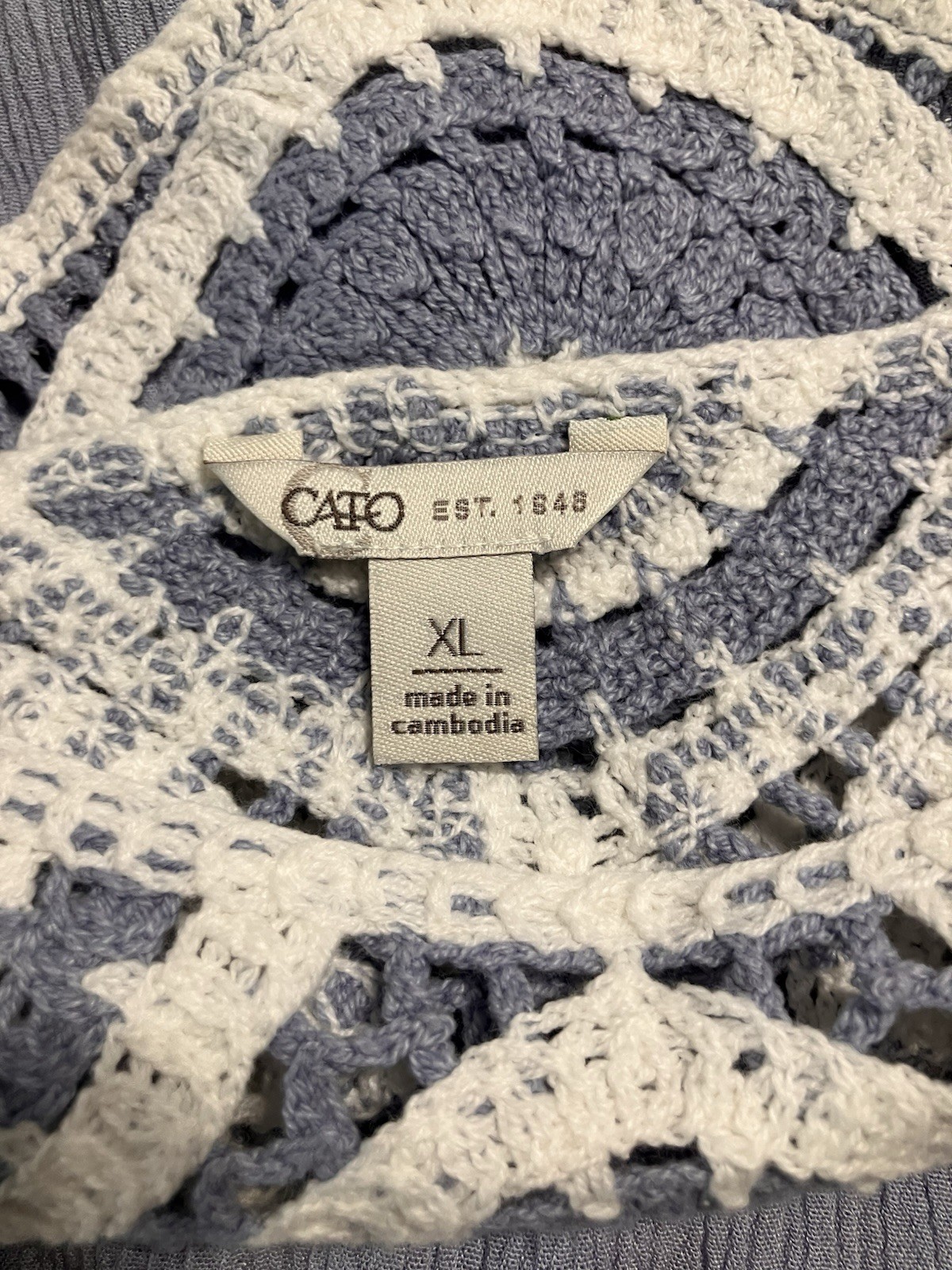 Cato Periwinkle Tunic LS Blouse Large Crochet Granny Square Neckline Size XL