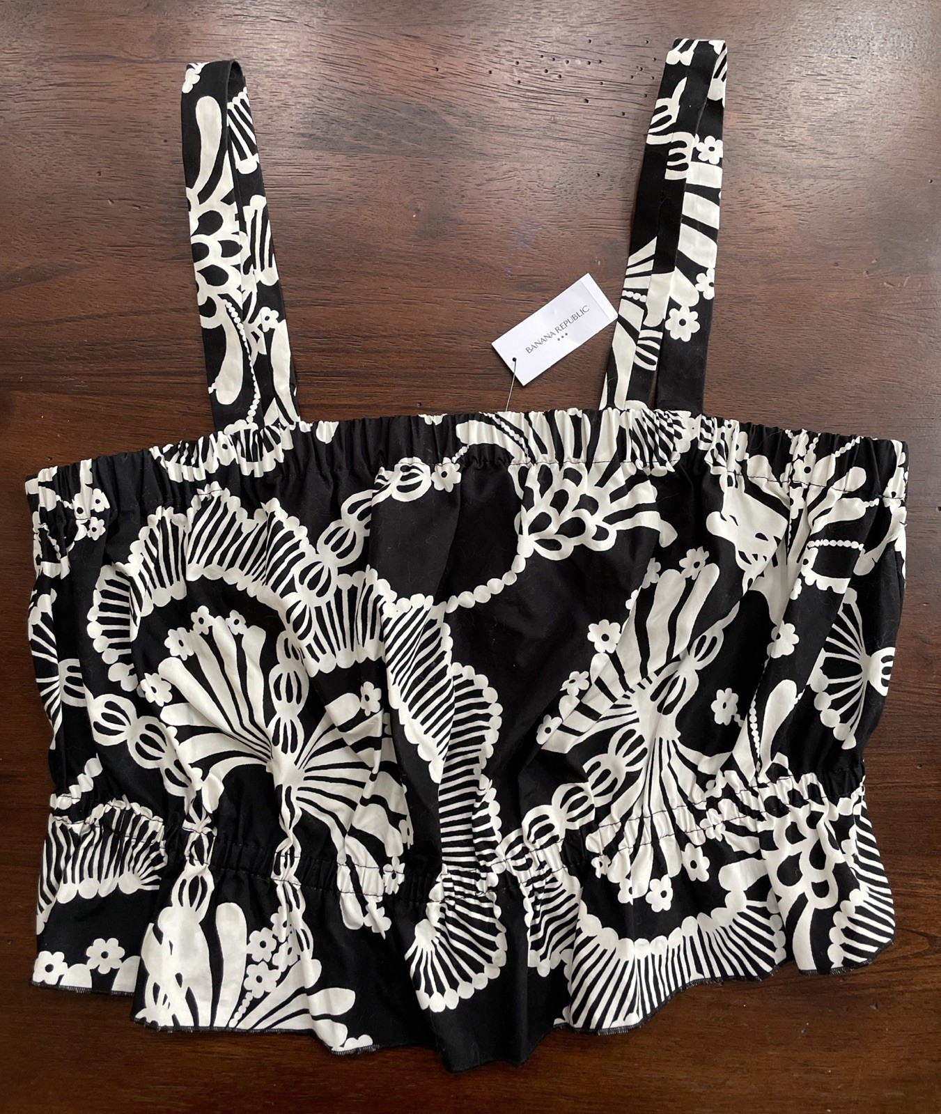 Banana Republic SZ Medium Elastic Gather Adjustable Straps Black White Floral