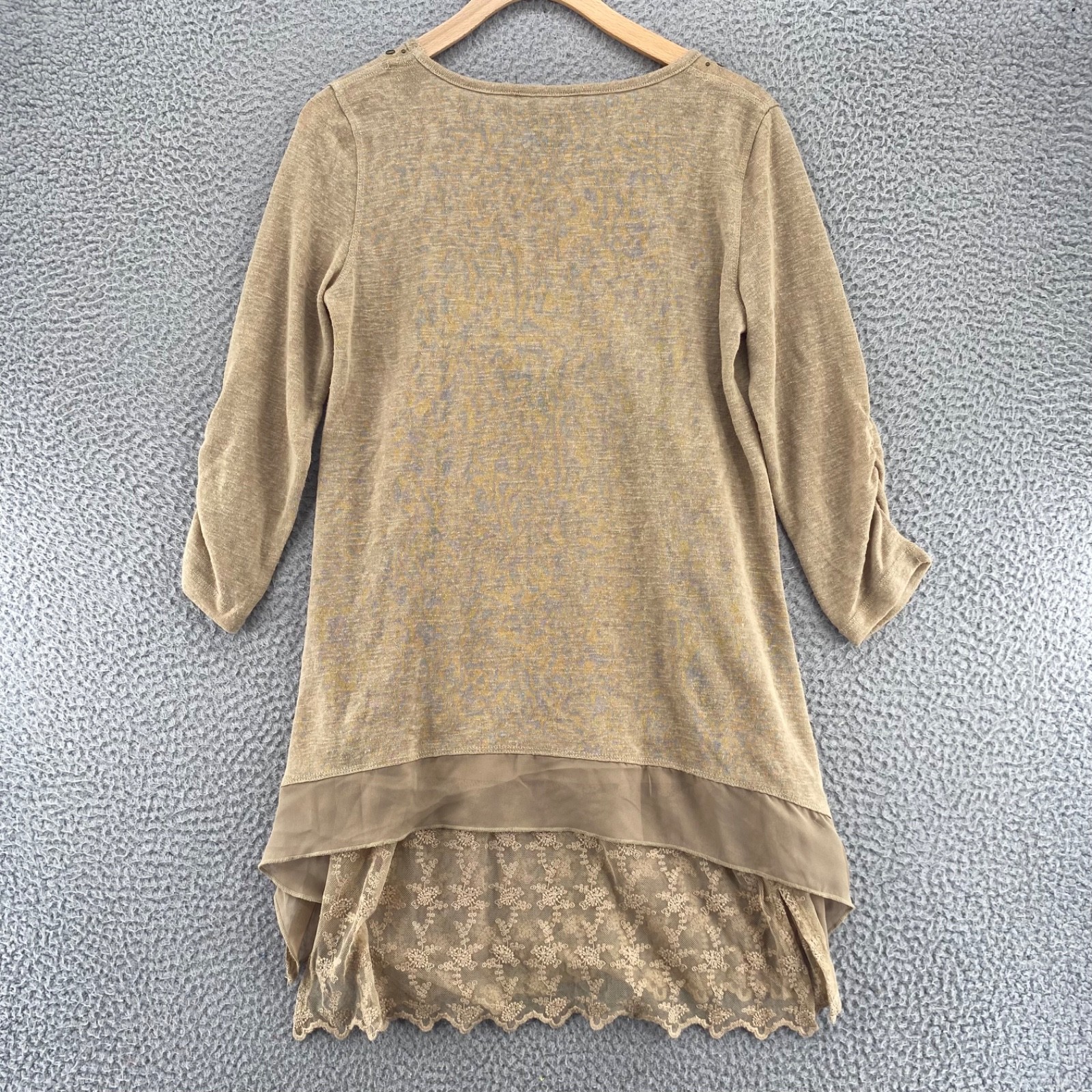 Multiples Top Women Small Beige Linen Blend Knit Studded Tunic Layered Lace Tank