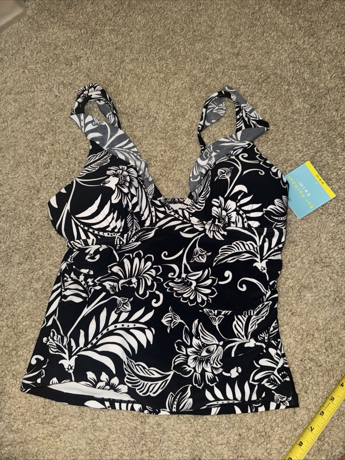 Ruffle Tankini Swim Tank Med Padded Bra 8-10 Black White Floral Bal Harbor