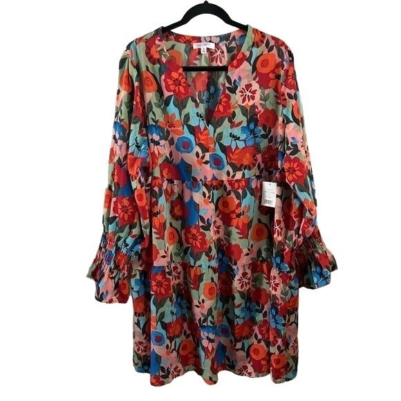 Daily Thread Floral Colorful Tunic Mini Dresss Long Sleeve Sz 2X Hippie Festival