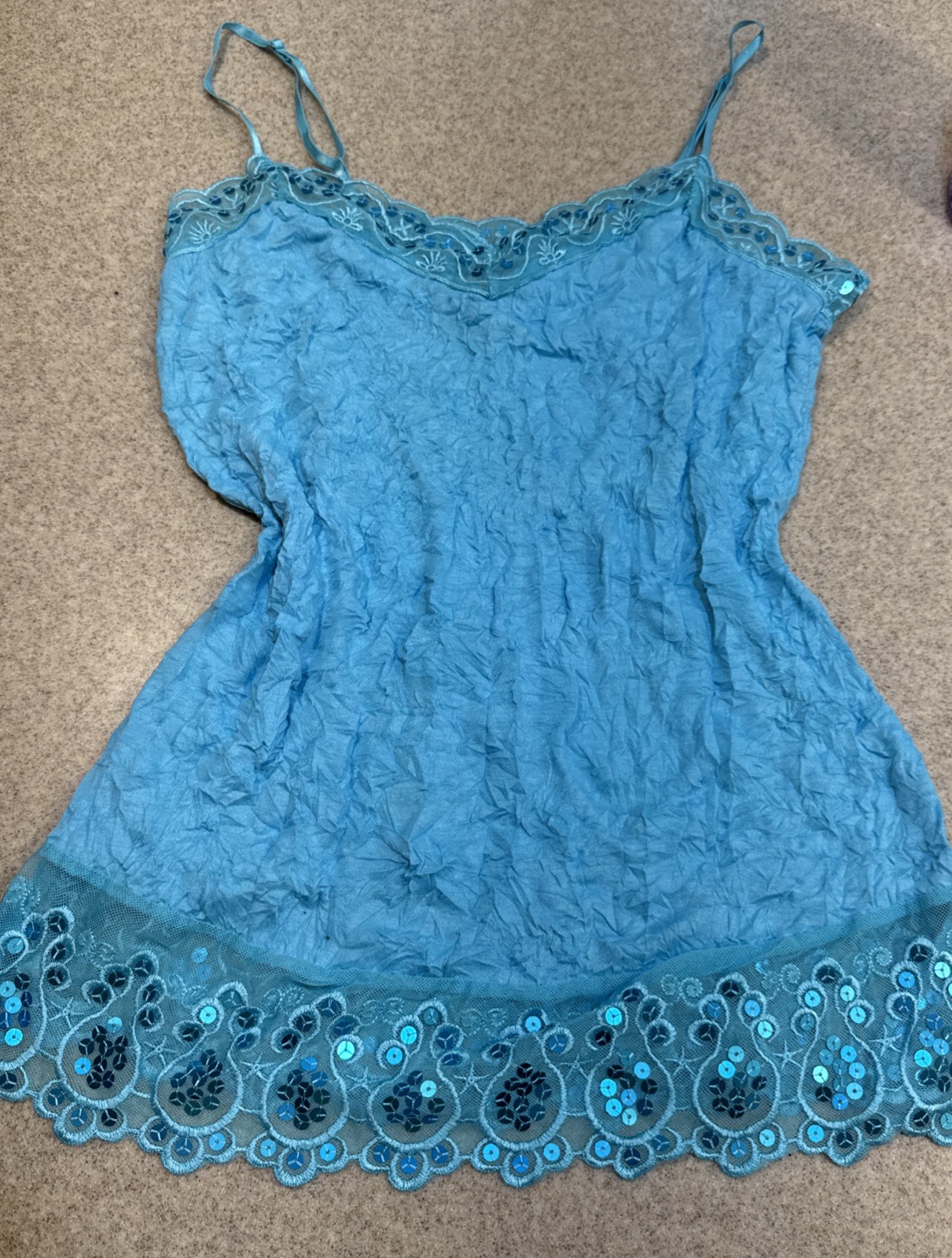 Y2k Teal Beaded Tank Top L Sequin Embroidered Y2k Fairy Going Out Aqua Blue