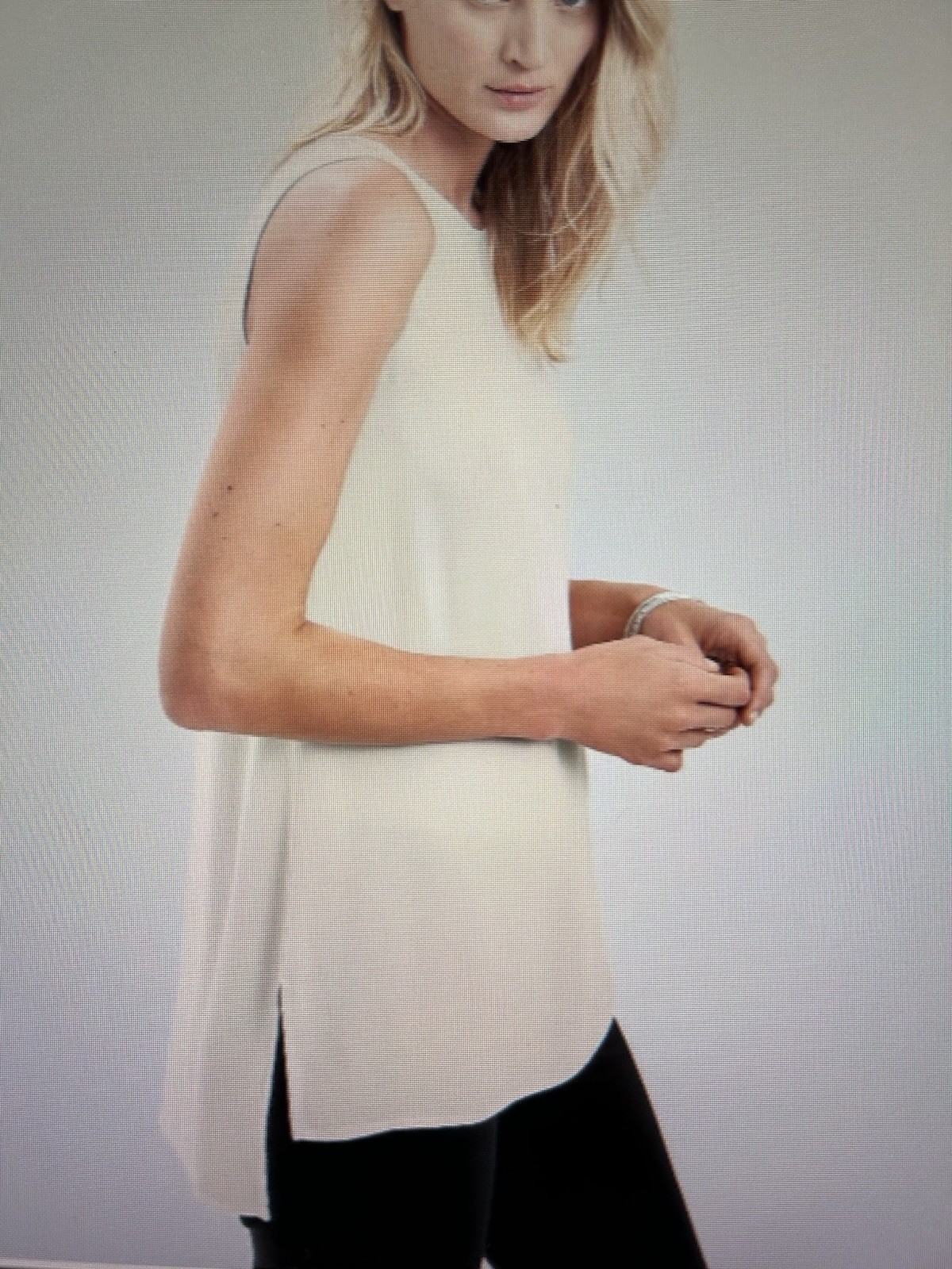 Eileen Fisher Bone Silk Crepe Tank Sleeveless Top~Bateau Neck~Hi/Lo~MSRP $218~M