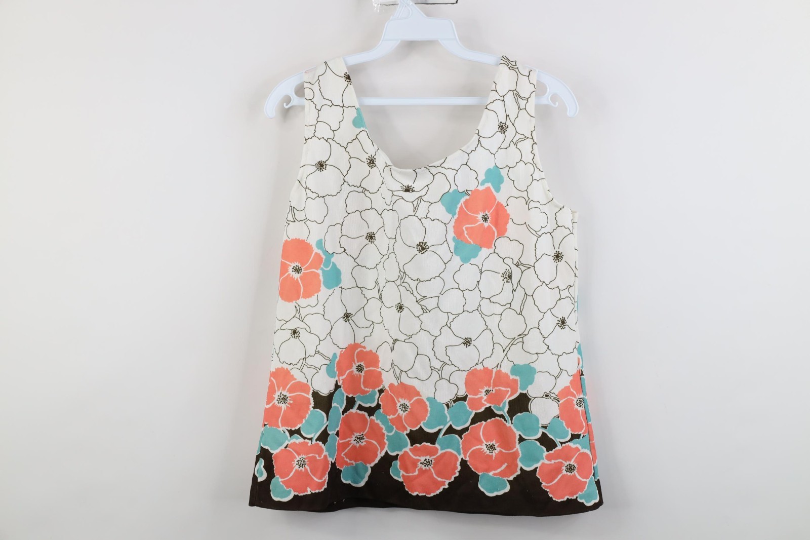 Vintage 70s Mid Century Modern MCM Womens Large Flower Knit Tank Top T-Shirt