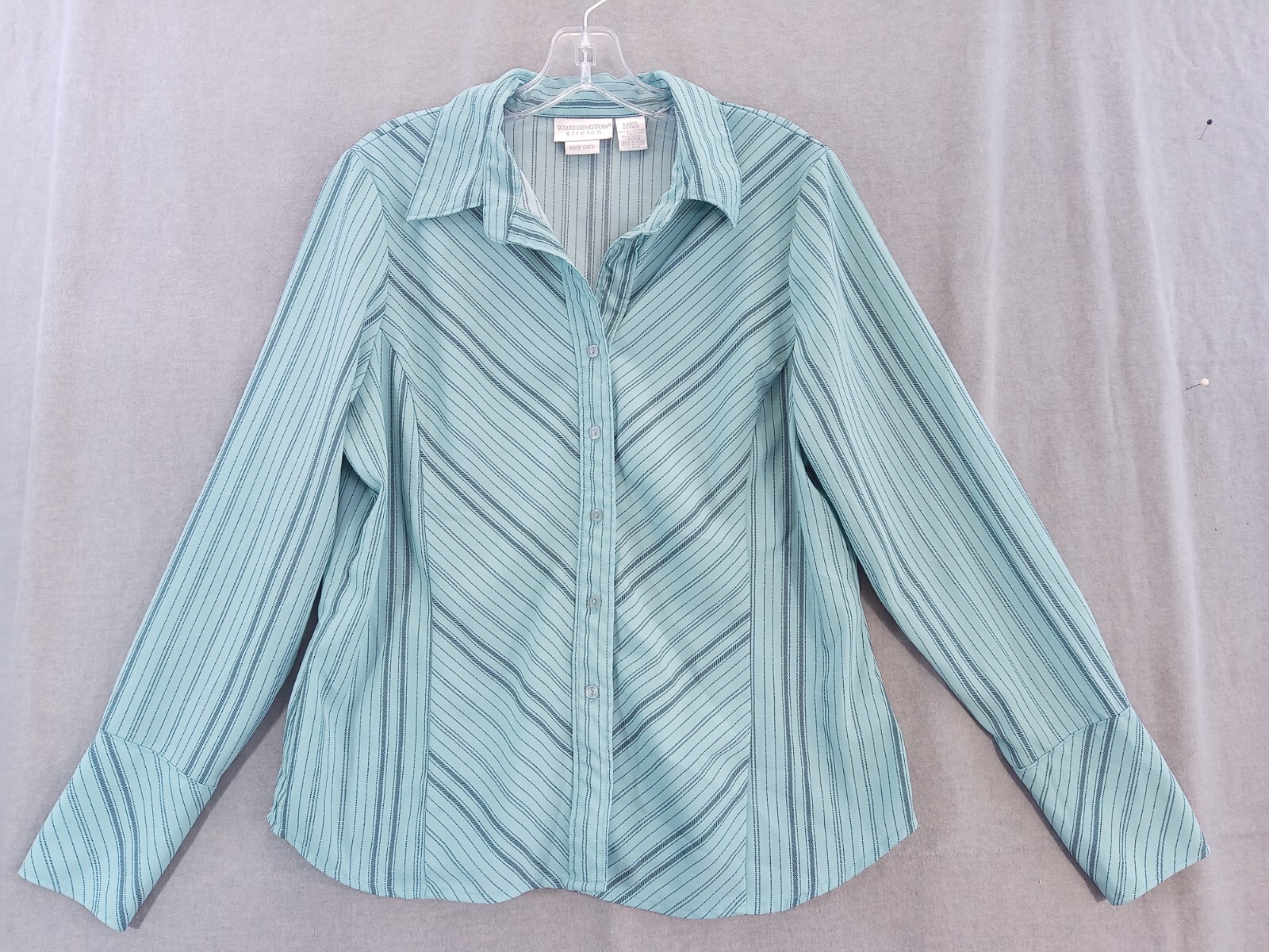 Worthington shirt Womens Large blouse Green stripe Easy Care stretch Ladies