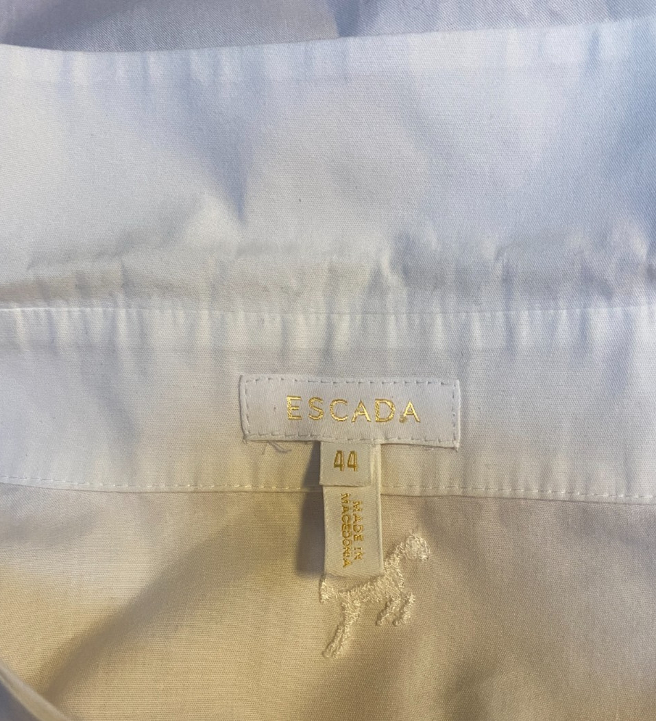 ESCADA COTTON SILK BLOUSE IN WHITE FLORAL PRINT AT FRONT IN WATERCOLOR 44 14
