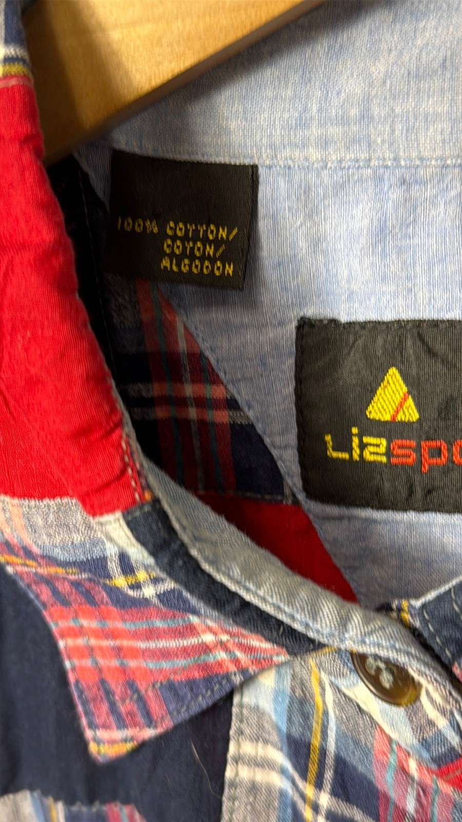 Vintage Liz Sport Red and Blue Patchwork Button-Up Shirt