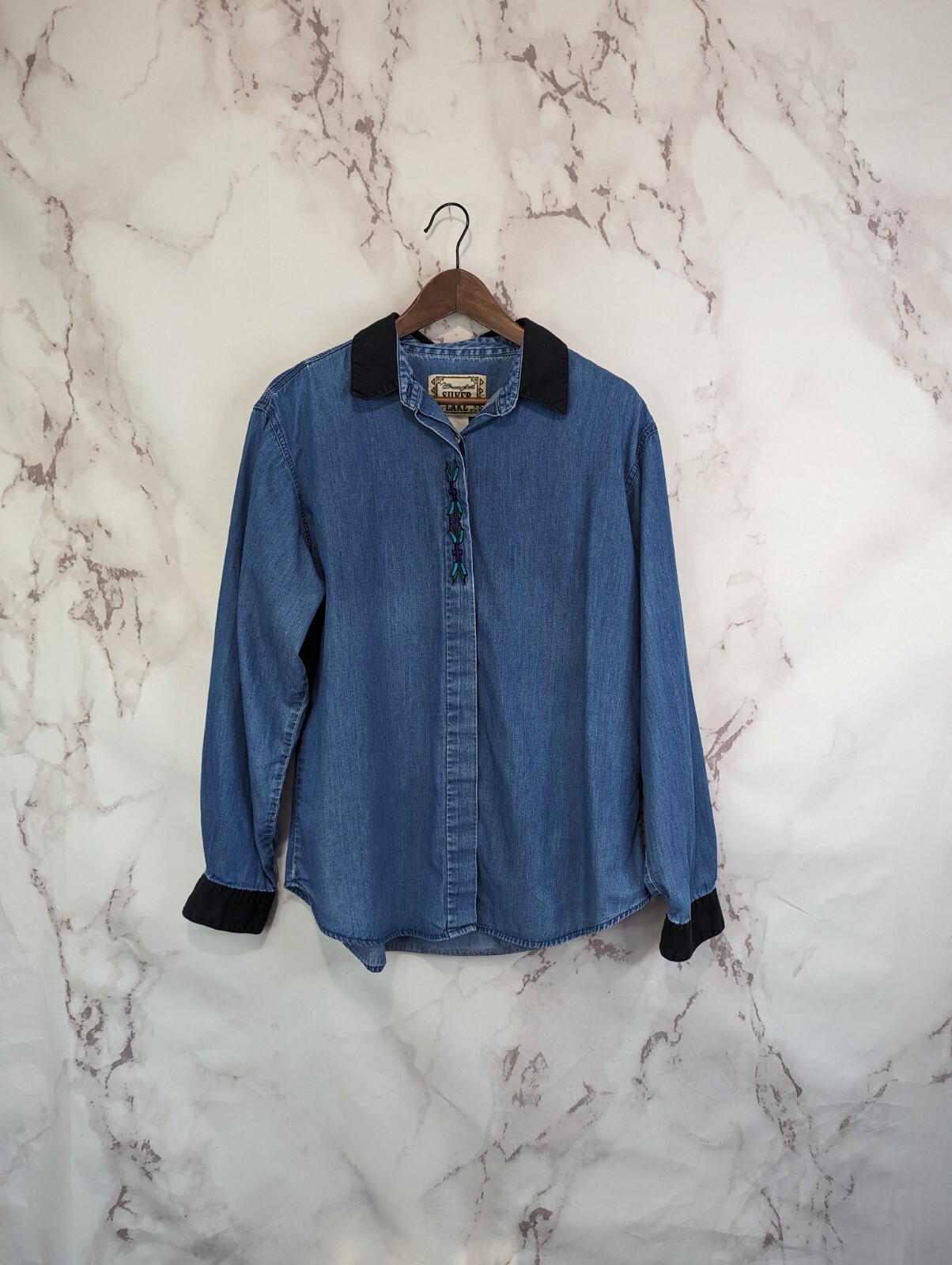 Vintage Wrangler Shirt Women XL 90s Button Embroidered Black Chambray Southwest