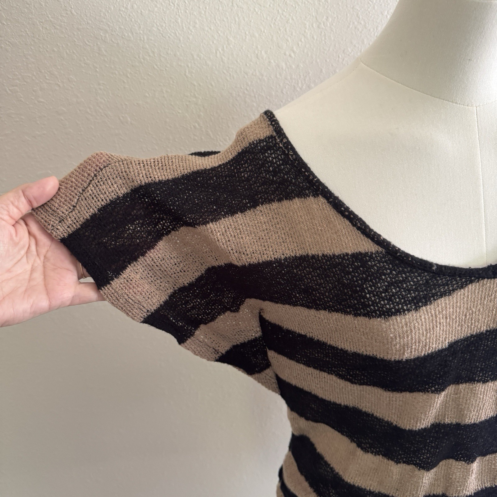 Vintage Y2K Crochet Knit Semi-Sheer Black Tan Stripe Top Size Xs/S Grunge Goth