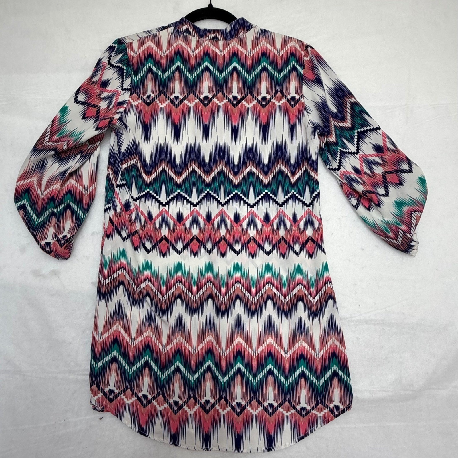 Rue21 Womens Ikat Chevron Print Tunic Blouse Pink Teal 3/4 Roll Tab Sleeve L