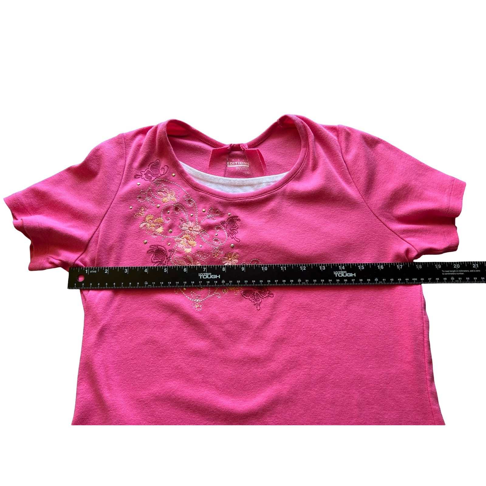 Basic Editions Pink Butterfly Floral Rhinestone Embroidered Top Y2K Womens L