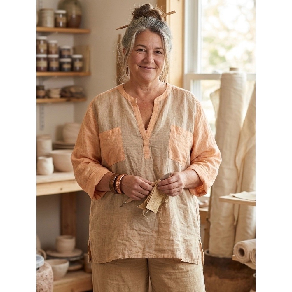 Chico’s Women Orange 100% Linen Split Neck Roll Tab Sleeve Tunic Top Size 4