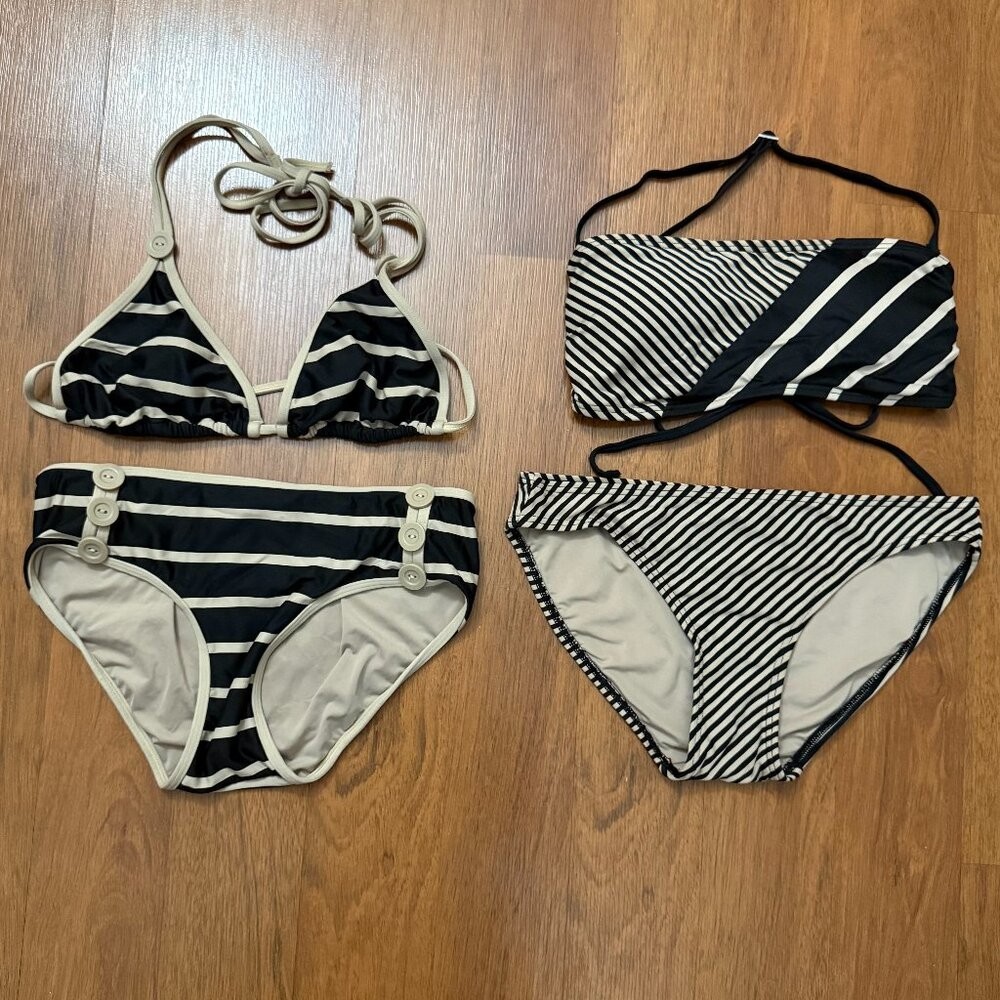 DKNY Bikini XS/S Sets Black Tan Taupe Stripe Triangle Bandeau Top Swimsuits