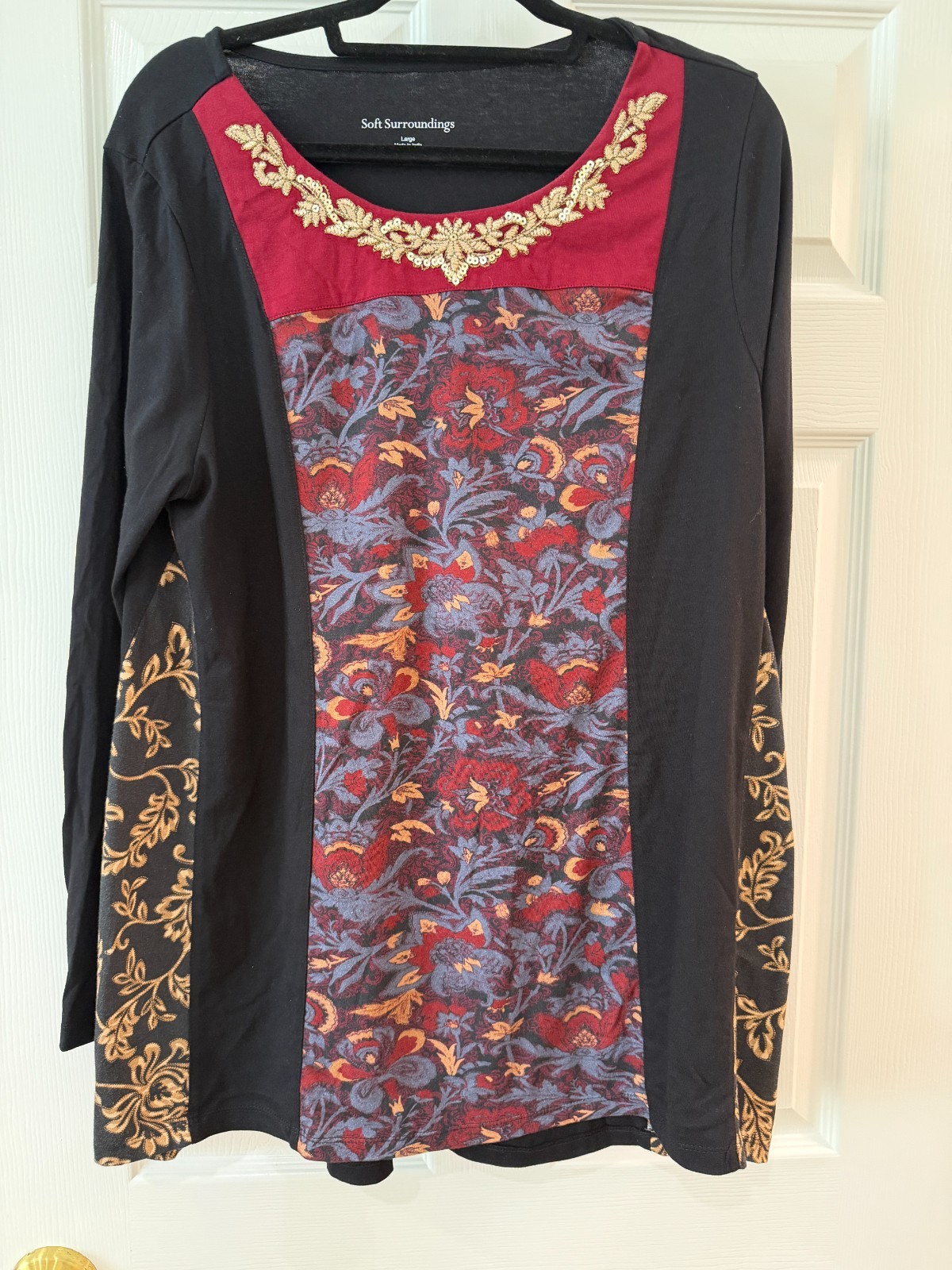 Soft Surroundings Embroided Tunic Shirt Tapestry Print Insets, Long sleeve Large