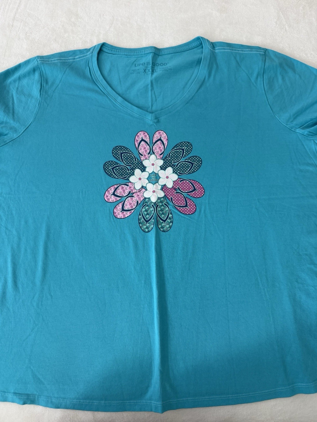 Life is Good Women’s Flip Flop Flower S/S Crusher Tee Size XXXL Teal Blue E04