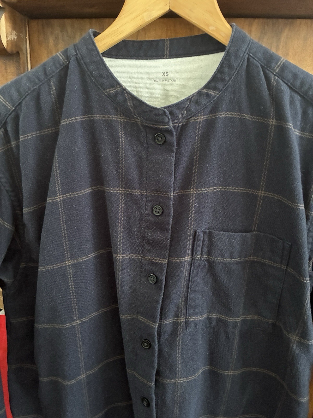 Muji Women’s Navy Check Button-Down Cotton Flannel Shirt XS fits like a Small
