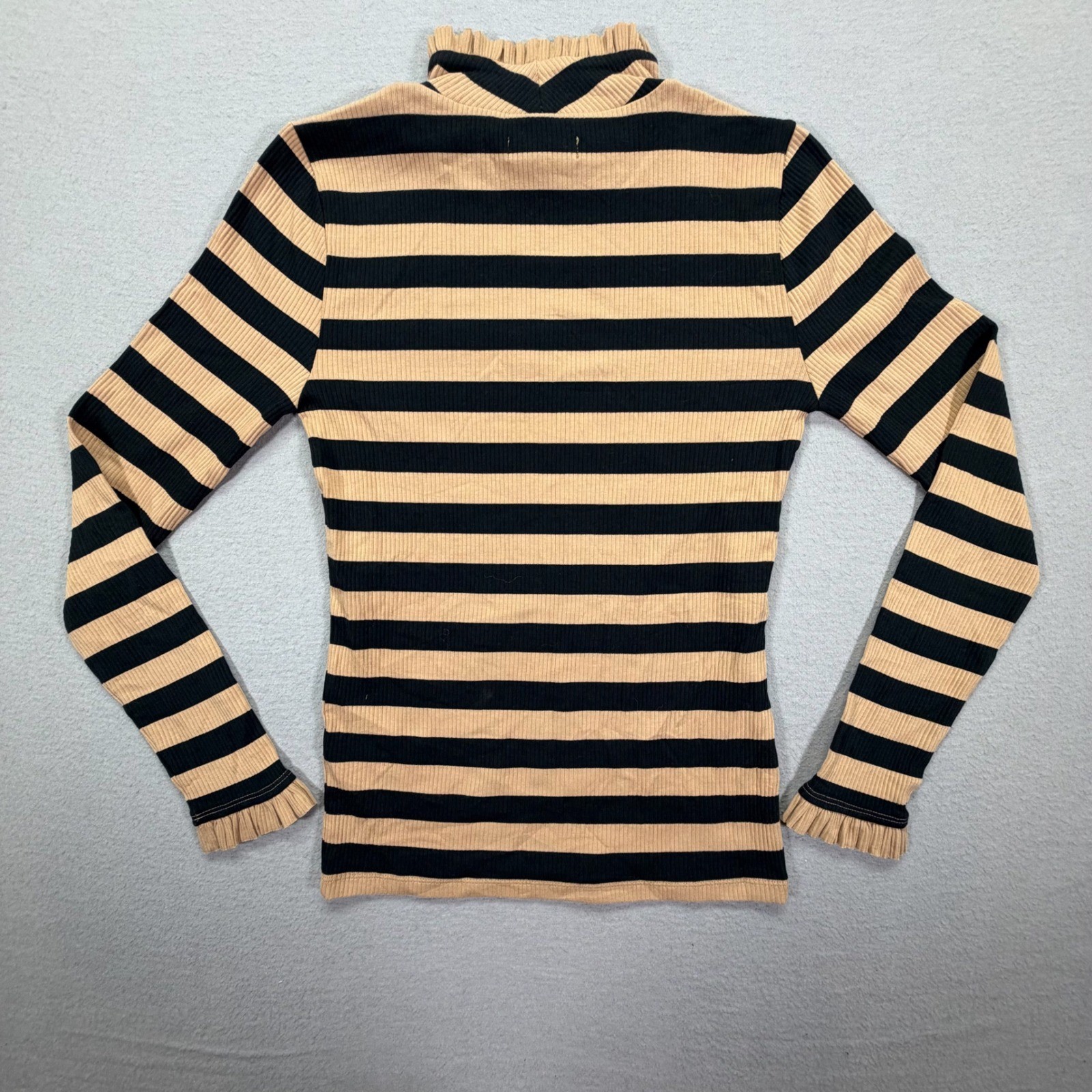 J.Crew Womens Top NWT Slim Camel Black Striped Ruffle Neck Long Sleeve S
