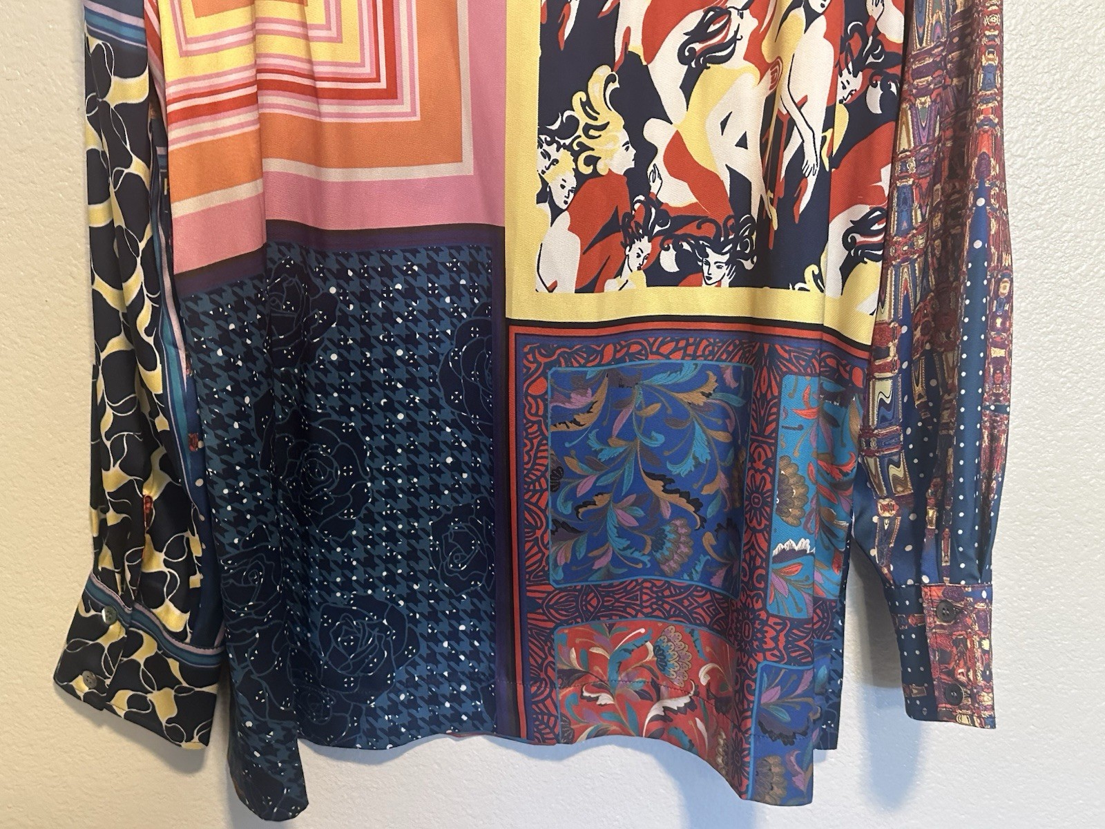 STAUD Martha Patchwork Satin Twill Tunic Button Blouse Multi Color Print Top L