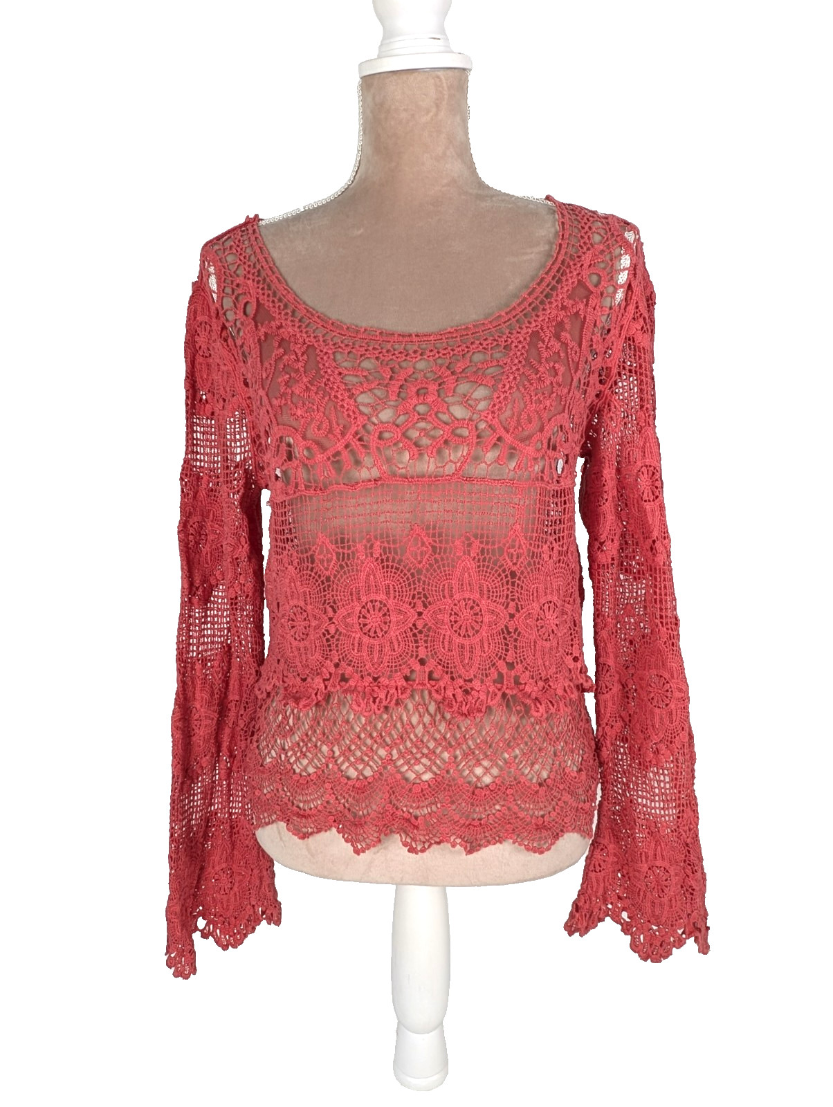 Floral Crochet Macrame Lace Top Sheer Sz S M Bell Sleeve Boho Festival Fairy