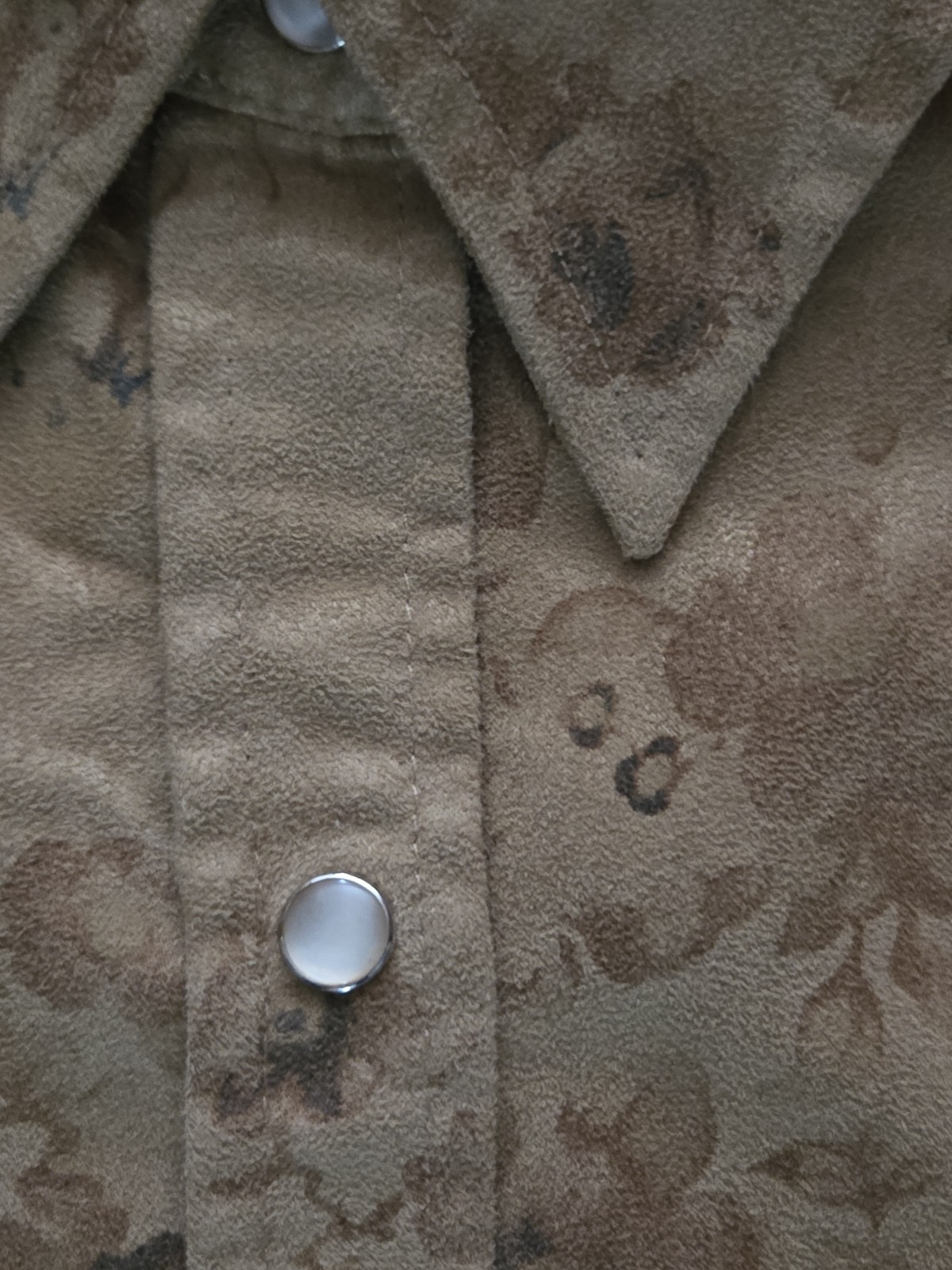 🤎Karen Kane Lifestyle Floral Faux Suede Western Snap Shirt Tan Small S Boho🤎